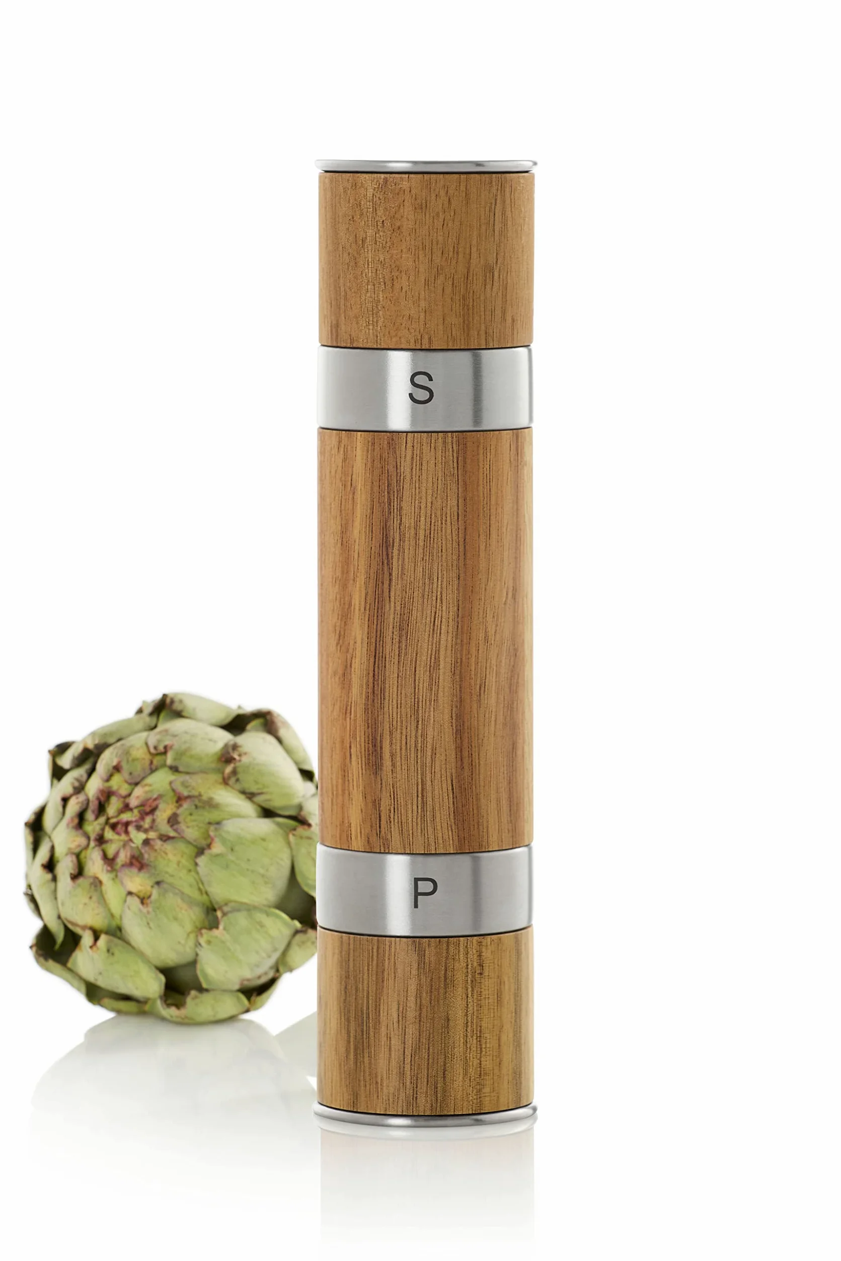 AdHoc Duomill Moulin à sel et poivre 2-en-1 en bois d’acacia | Deux broyeurs céramique réglables de fin à gros, capuchons protecteurs d’arômes, inox et bois haut de gamme