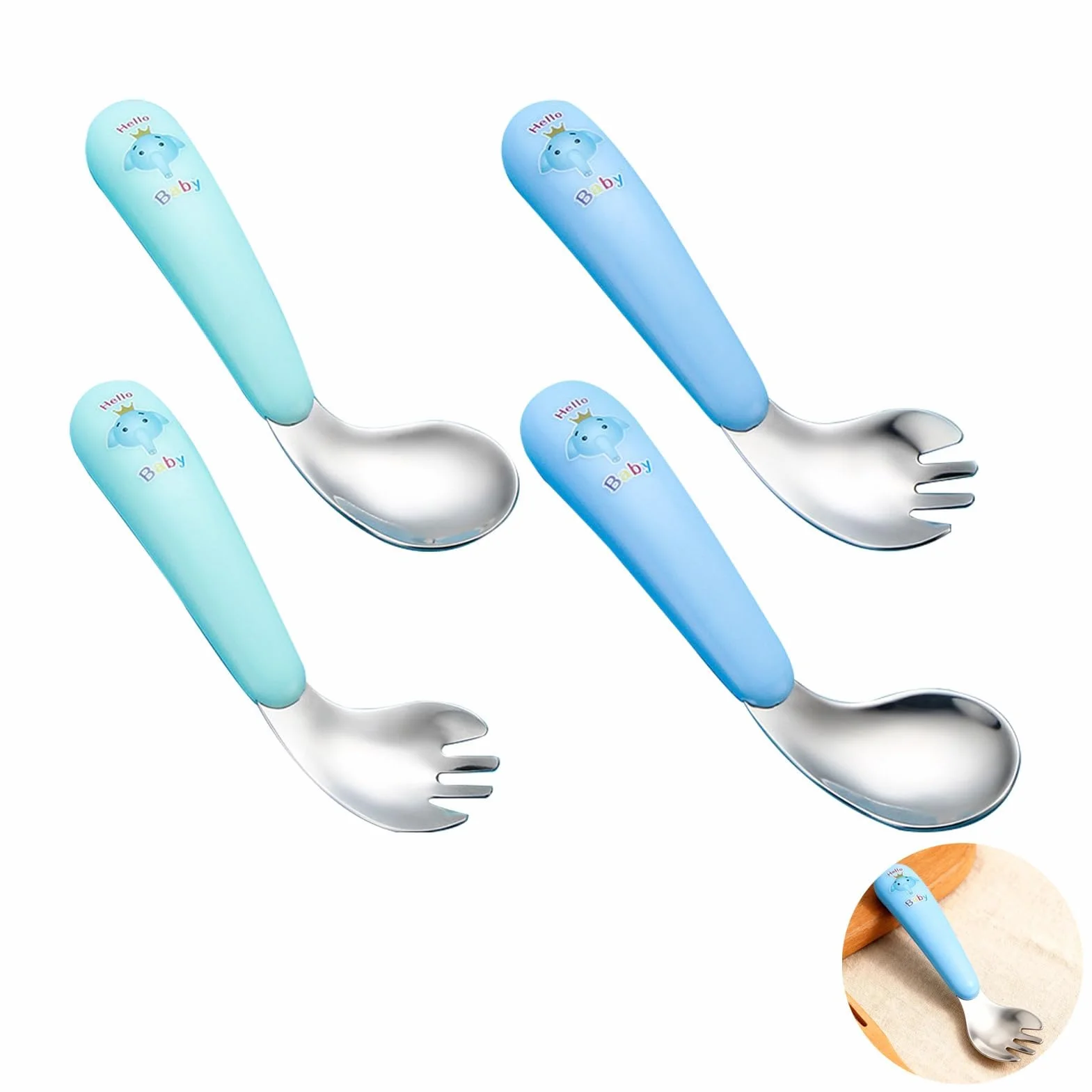 Cuillère d'Apprentissage Fourchette Acier Inoxydable 13 cm Motif Éléphant