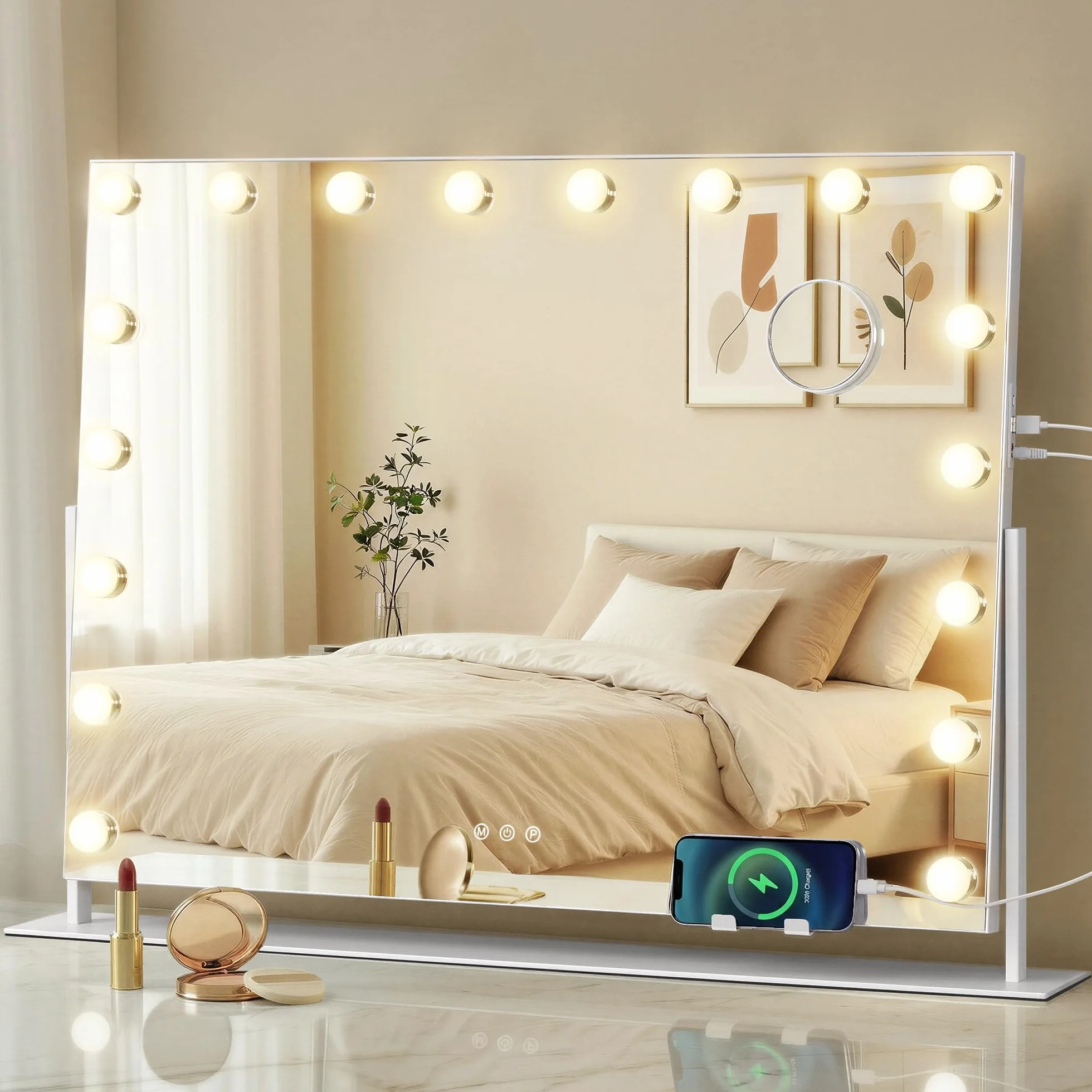 SONGMICS Miroir de Maquillage LED 80x60 cm 18 Ampoules 10x Grossissant Détachable 3 Températures