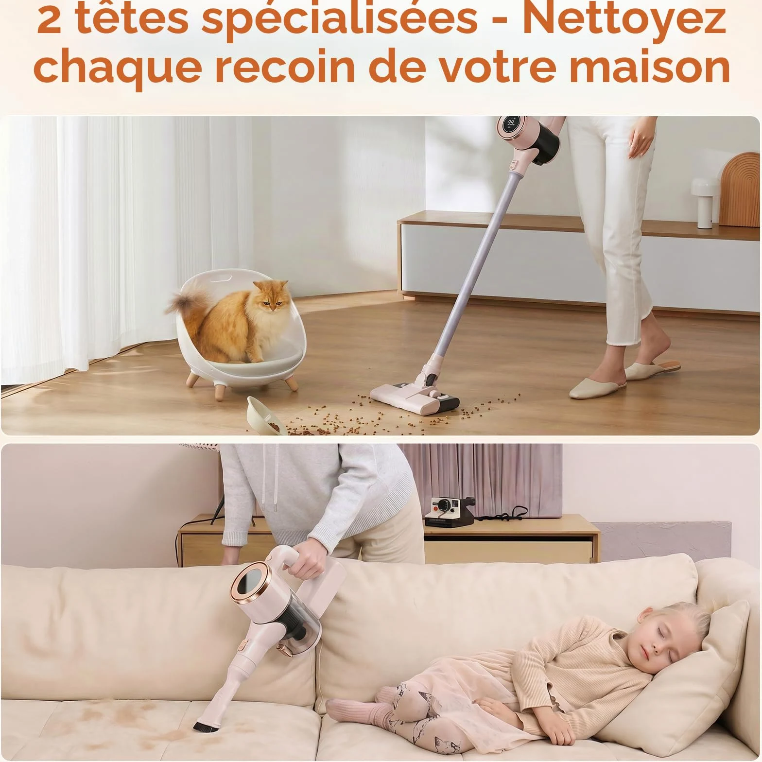 Aspirateur Balai sans Fil avec Fonction Serpillère, 2-en-1 Aspirateur Balai et Serpillère, Puissant 8000Pa, Autonomie 30 Min, Léger et Portatif pour Sols Durs, Tapis et Poils d'animaux