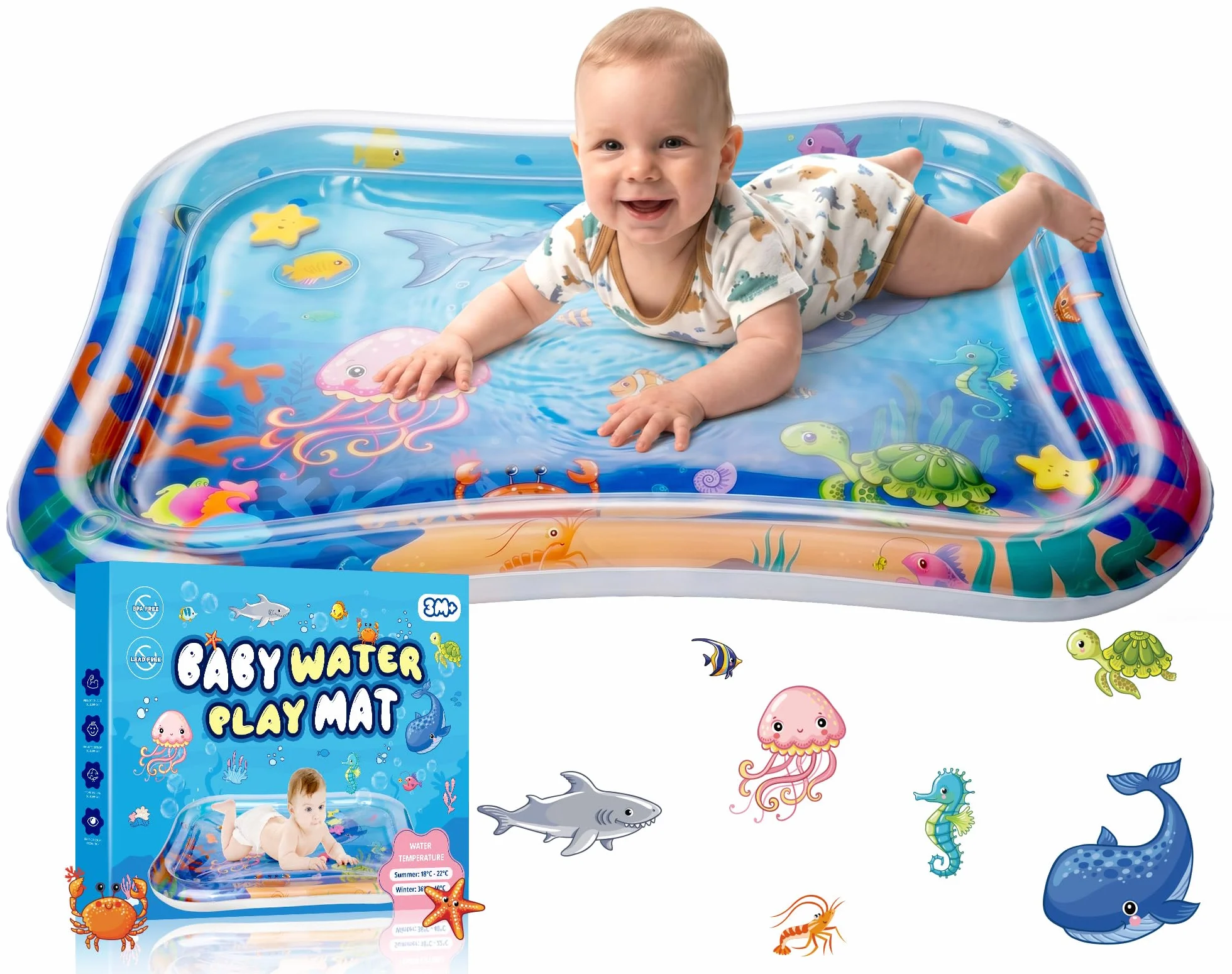 Grand Tapis d'eau Bébé 95x76cm Gonflable Tummy Time Sensoriel Poisson pour Bébés et Tout-petits Cadeau Jouet 3-12 Mois