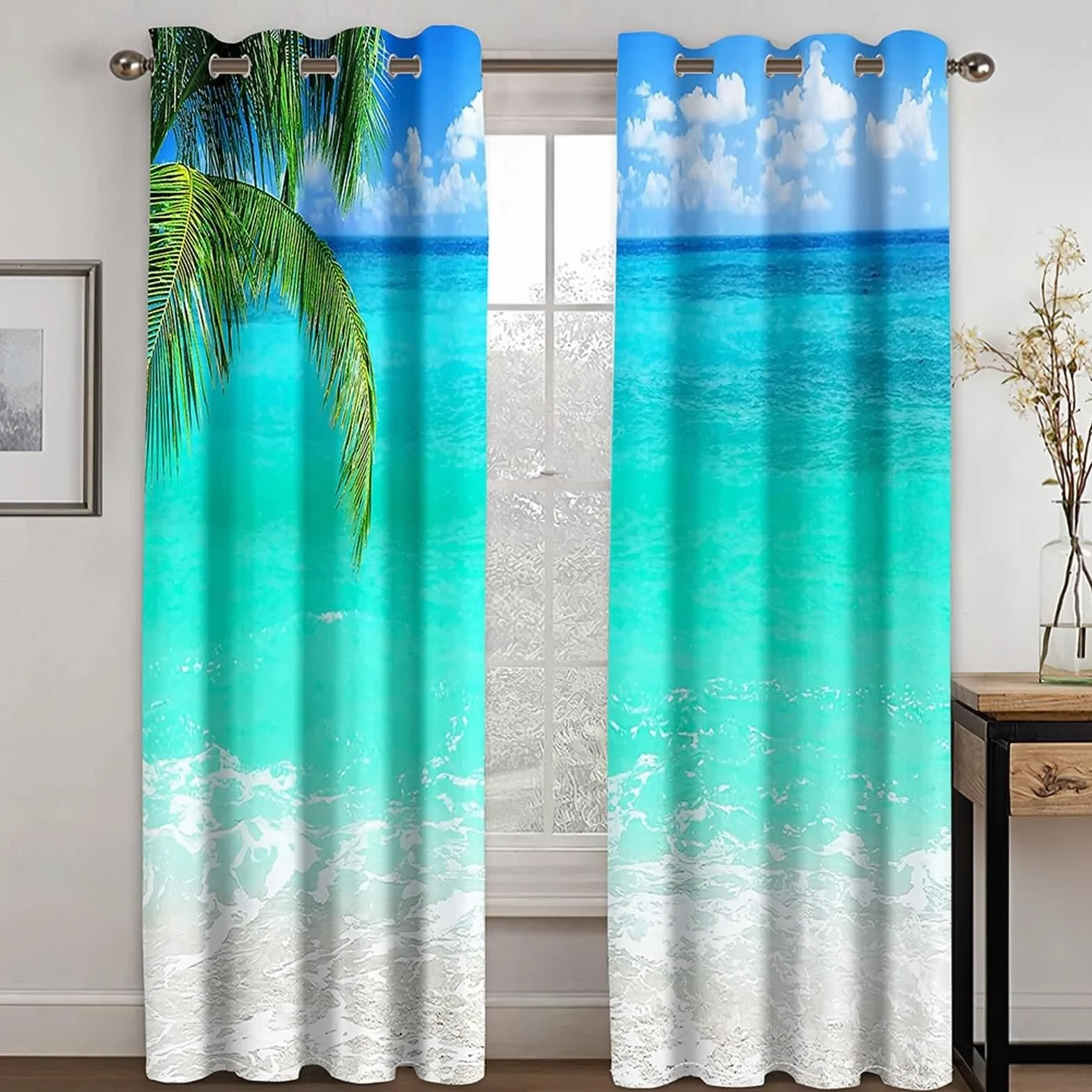 Rideau Occultant, Rideau Anniversaire Bleu Vert Polyester Paysage de Feuilles de Palmier de Mer 102L x 229H CM Lot de 2