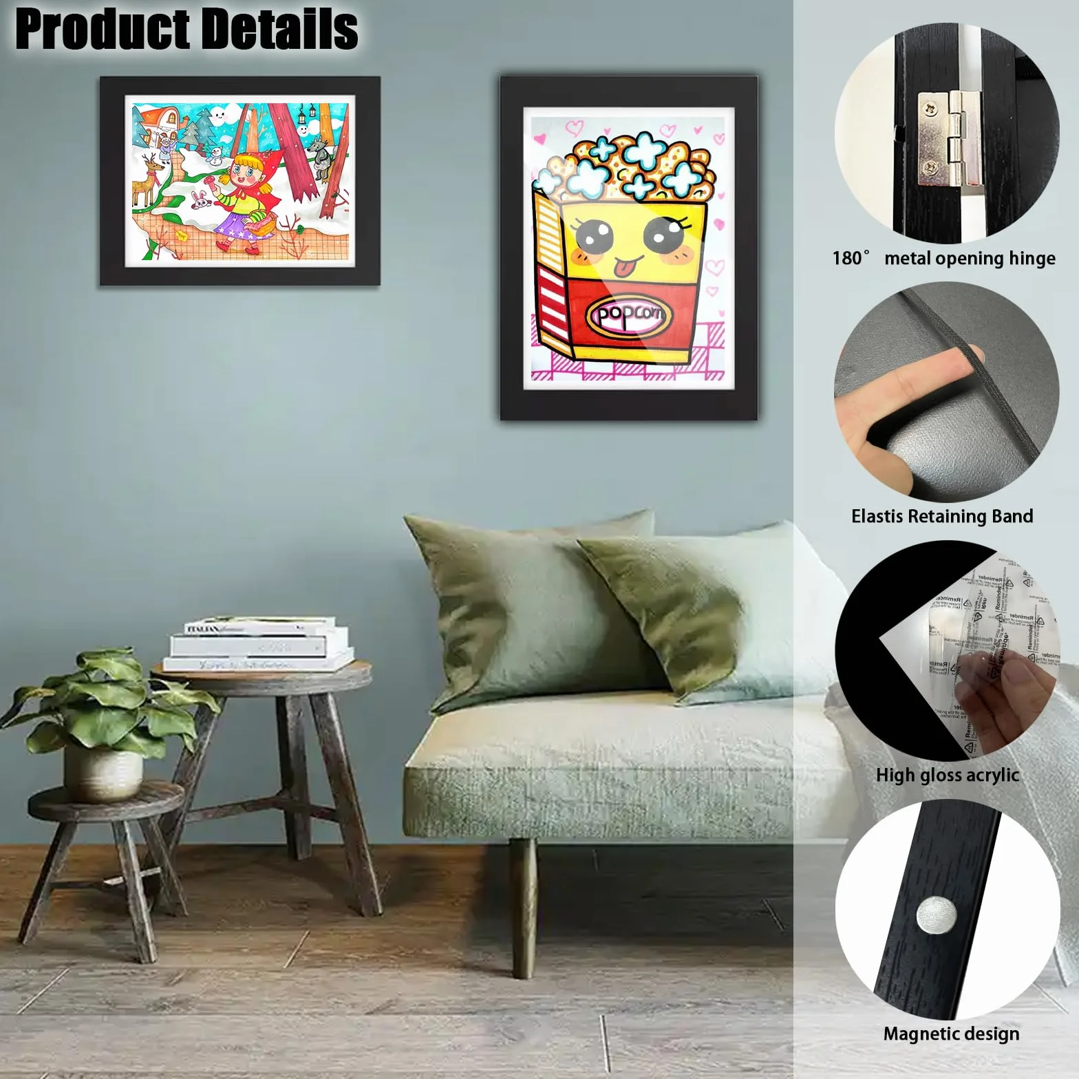 Cadre Photo Enfant A4 Noir Bois Ouverture Frontale avec 150 Dessins