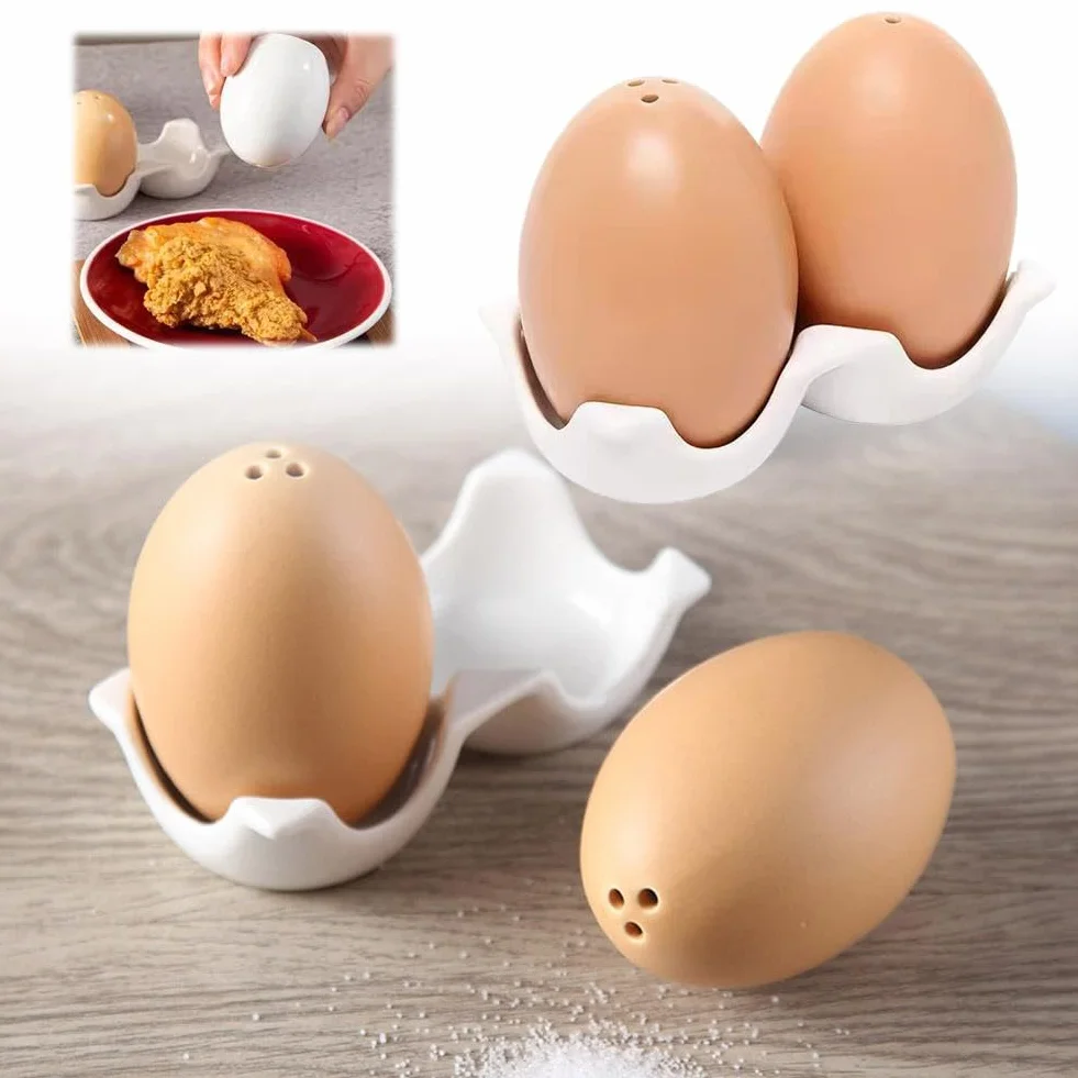 Ensemble salière et poivrière en céramique forme d'œuf, pot à épices amusant, mini shaker marron avec support