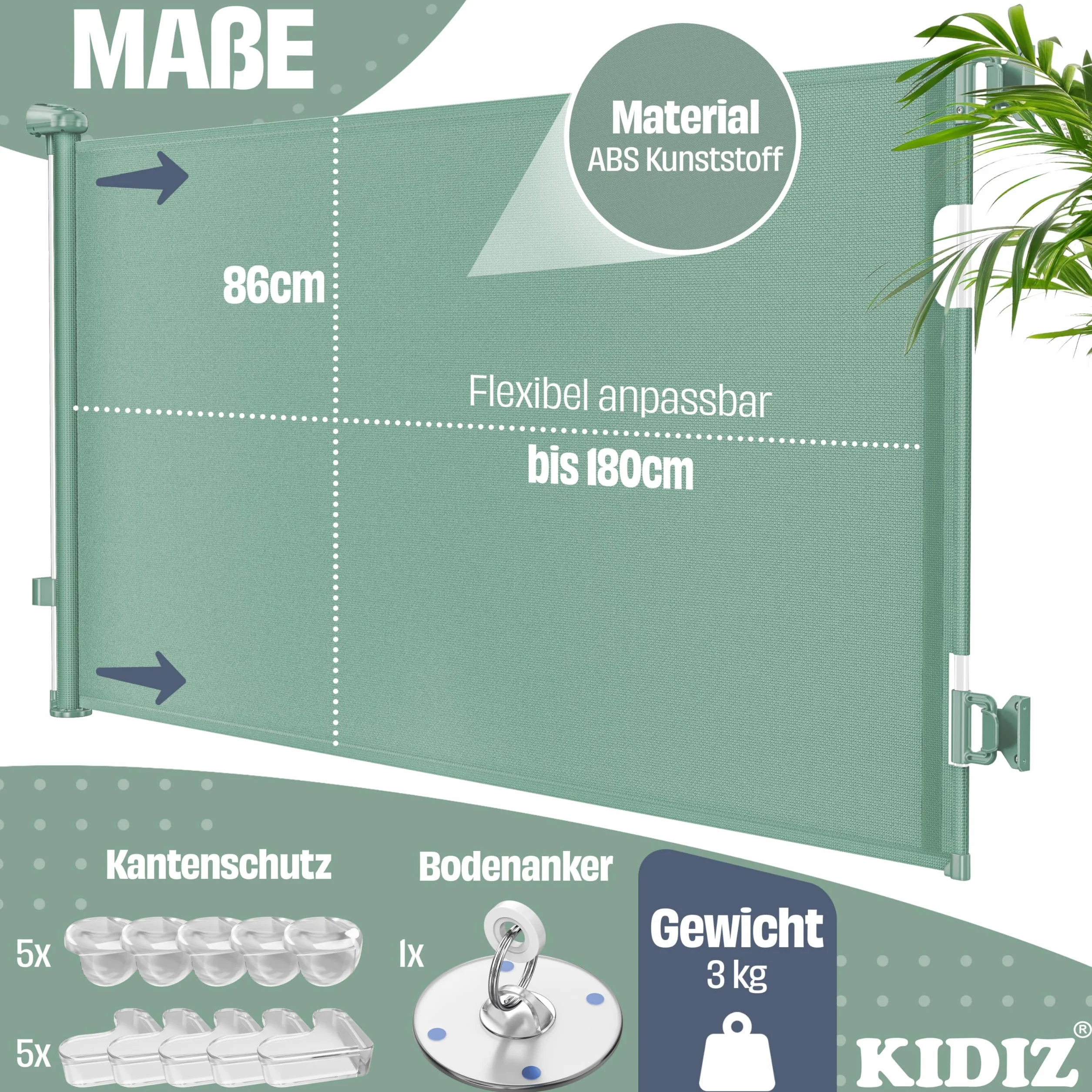 KIDIZ® Barrière de protection d'escalier extensible 0-180 cm - Sécurité enfant bébés animaux - Grille protection escaliers portes avec ancrage sol
