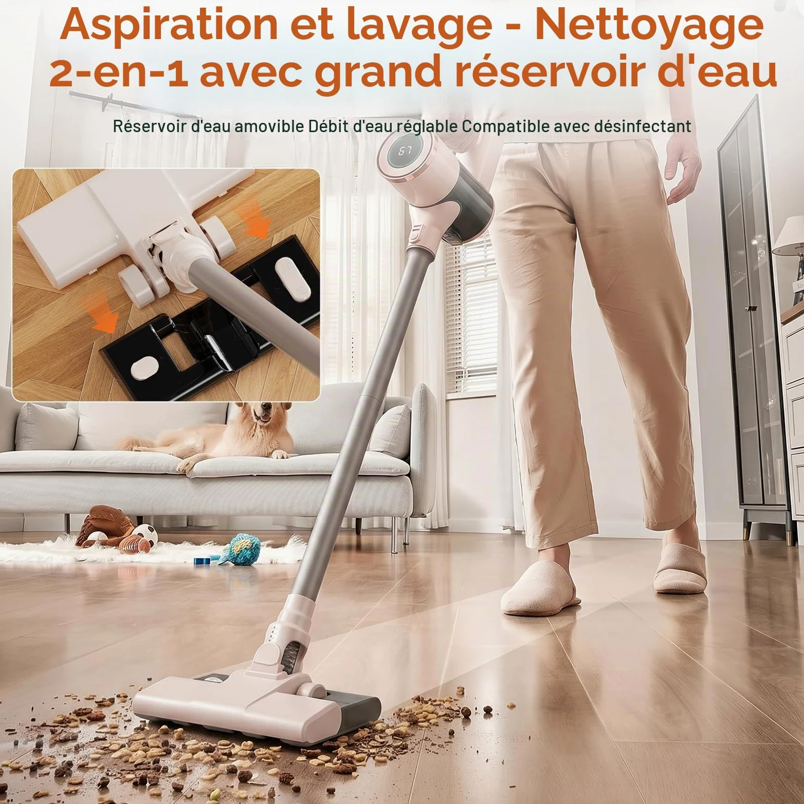 Aspirateur Balai sans Fil avec Fonction Serpillère, 2-en-1 Aspirateur Balai et Serpillère, Puissant 8000Pa, Autonomie 30 Min, Léger et Portatif pour Sols Durs, Tapis et Poils d'animaux