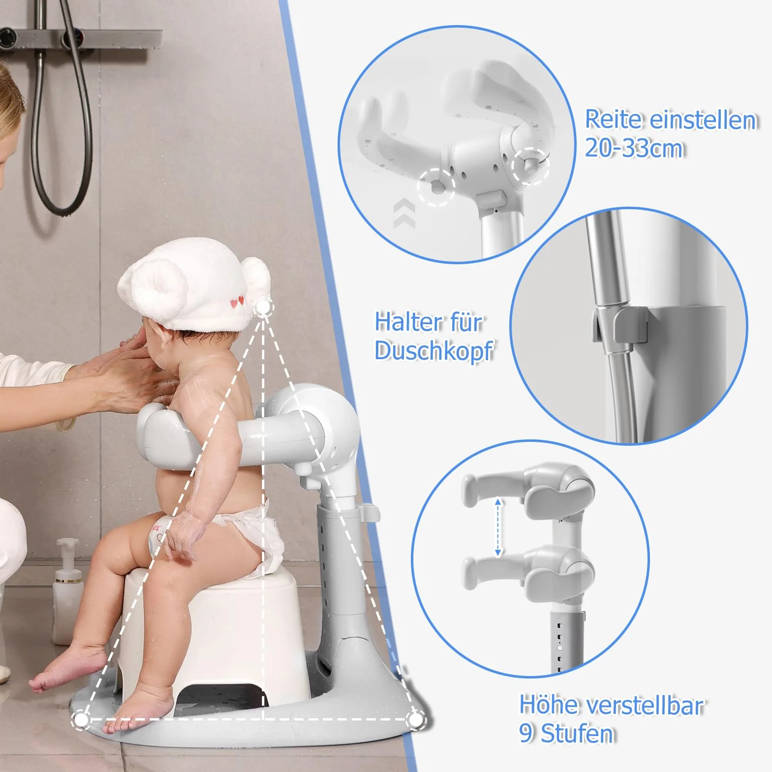 Support de Douche Bébé Debout Anti Pincement Réglable Base Antidérapante Poignée de Sécurité 6-36 Mois