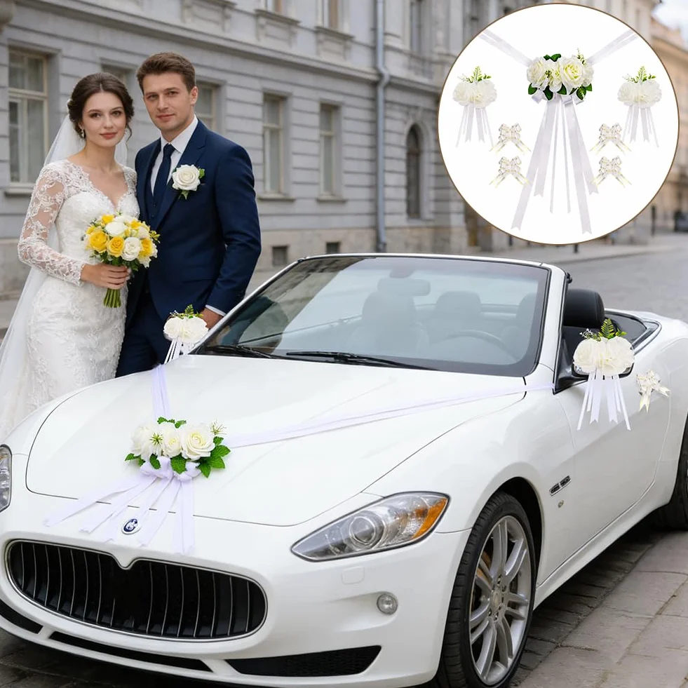 Déco Voiture Mariage Kit Décoration 3 Roses 4 Nœud 1 Tulle Ruban Adhésif