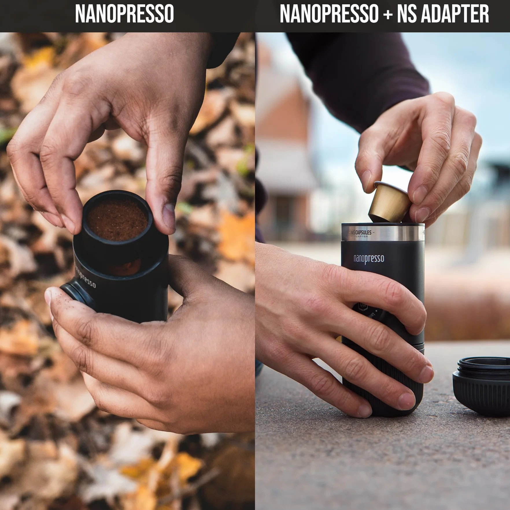 WACACO Nanopresso Machine à Espresso Portable avec NS Adapter, Compatible avec les Capsules NS et le Café Moulu, Ensemble de Machine à Café de Voyage Manuel, Parfait pour le Camping