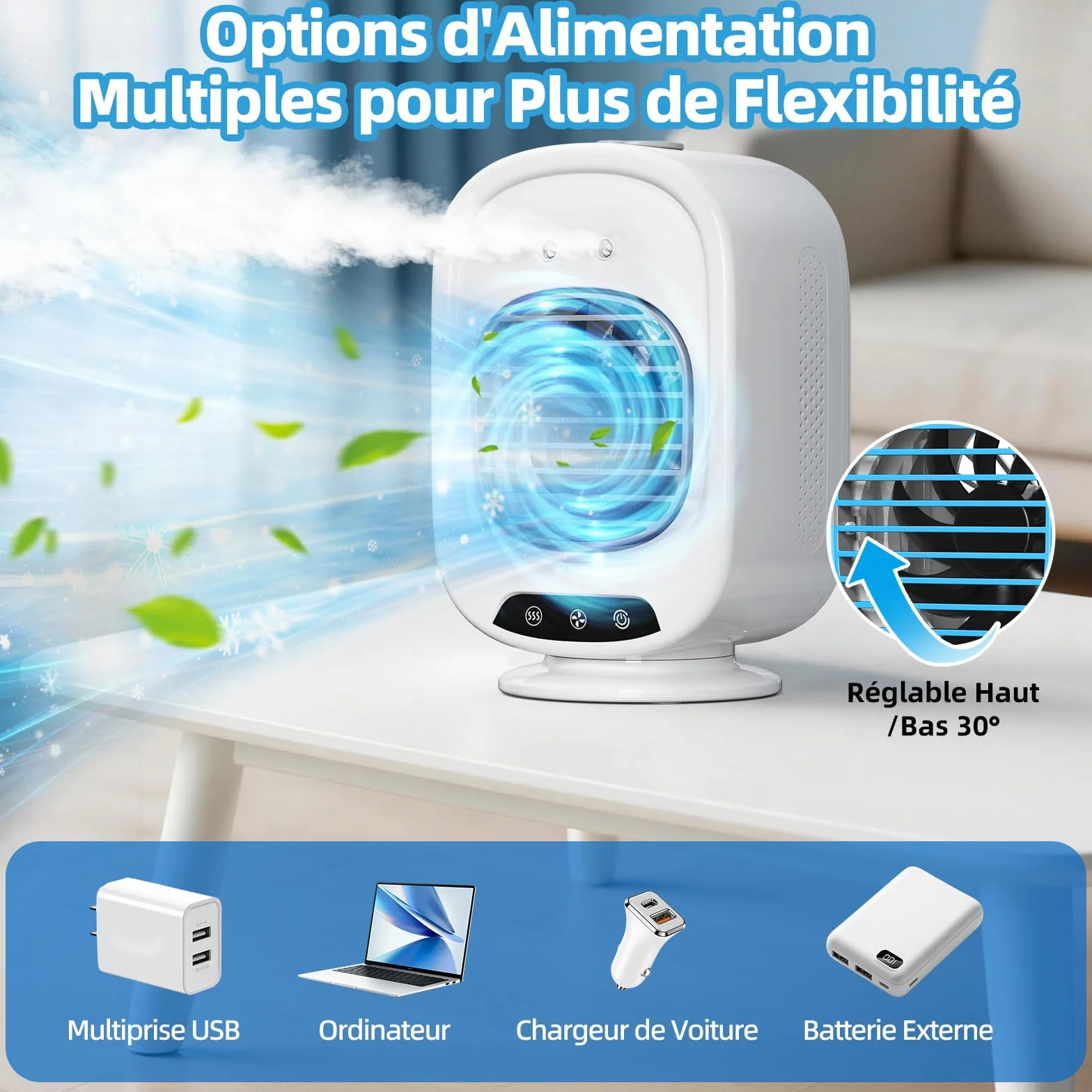 Climatiseur Mobile Portable 4 en 1, Mini Refroidisseur d'Air 300ML USB, Ventilateur Brumisateur Silencieux 3 Vitesses