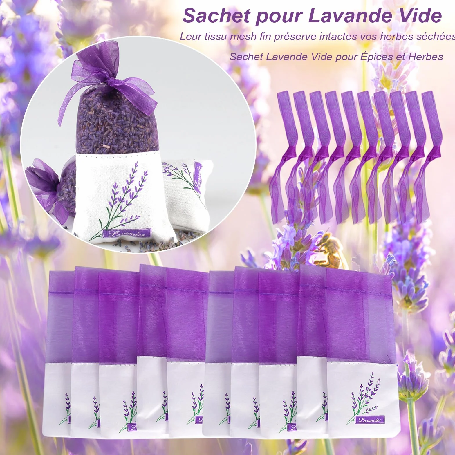 Sachet Vide Lavande avec Cordon de Serrage 18 Pièces pour Bijoux, Épices et Herbes