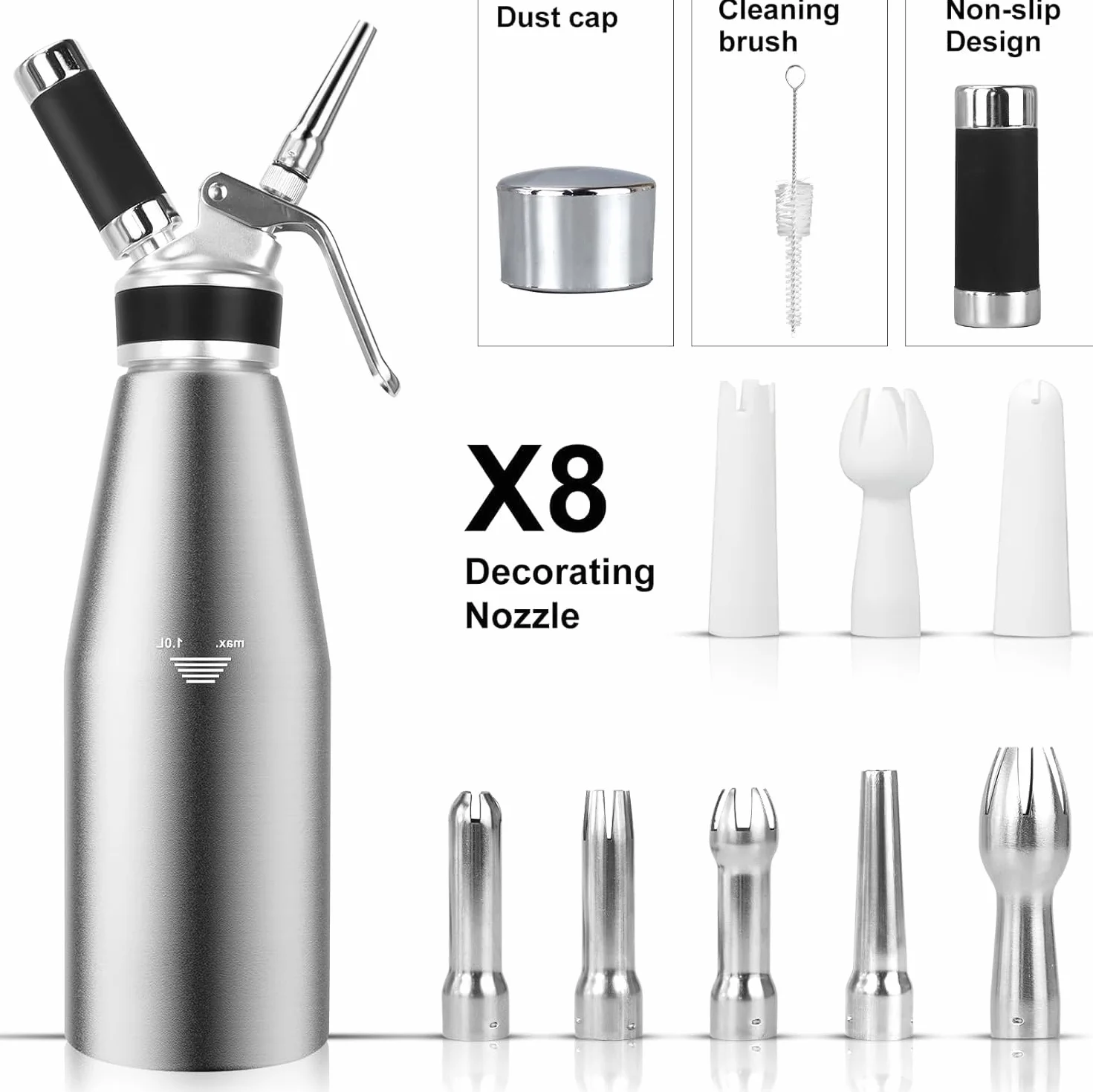 Siphon à chantilly en aluminium 1000 mL avec 5 douilles inox et 3 buses, pour pâtisserie