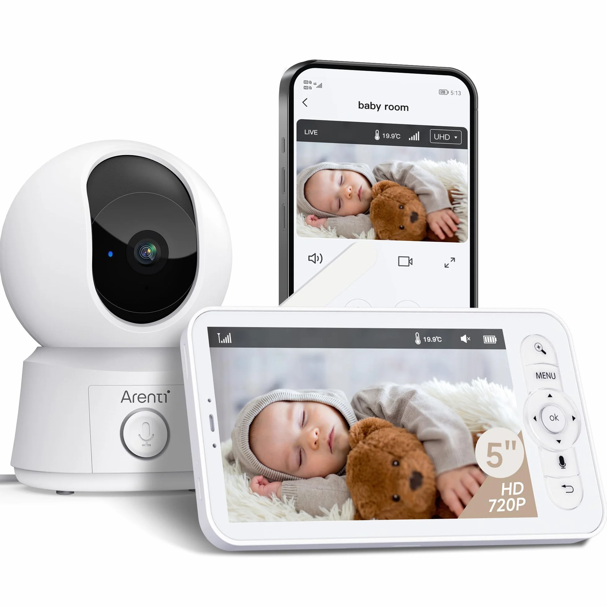 ARENTI Babyphone Camera Bébé, Moniteur Vidéo avec VOX, Détection de Température, Vision Nocturne, Suivi Automatique