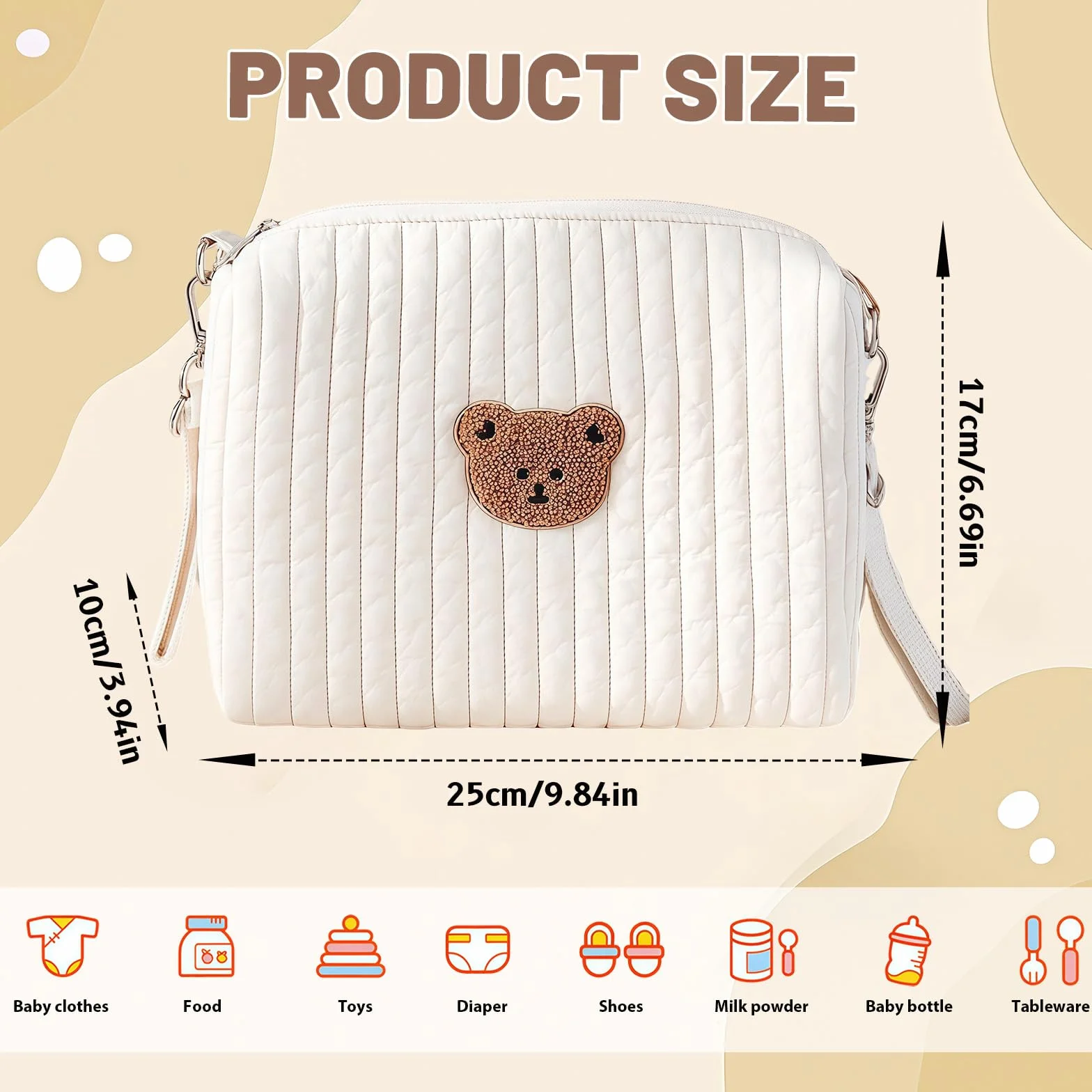 Sac à langer en coton organisateur universel pour poussette avec 2 sangles broderie ours