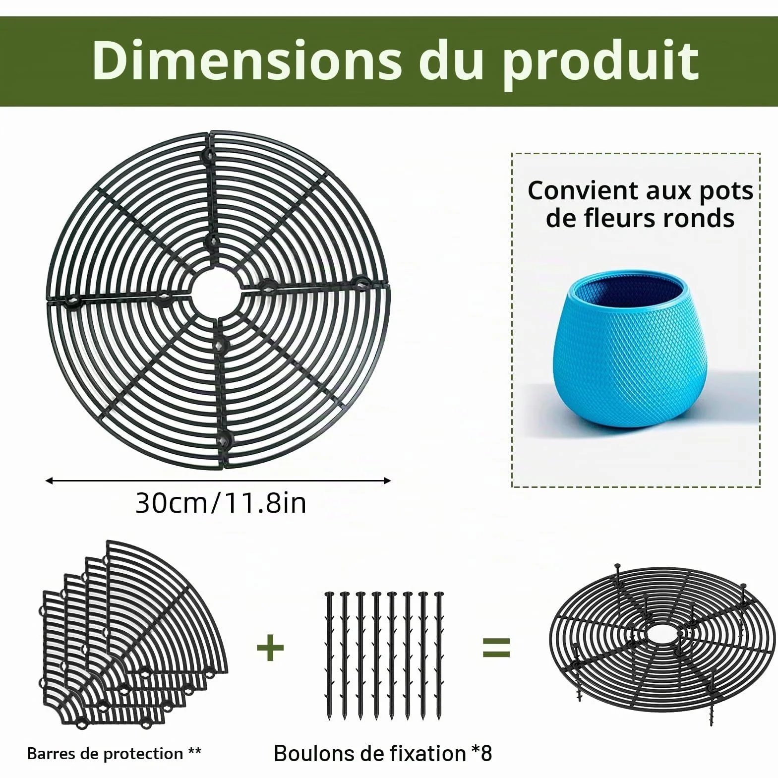 Grilles de Protection pour Pots de Plantes - Cache-Pot Réglable 30 cm - Kit Complet avec Boulons et Feuilles en Plastique ABS