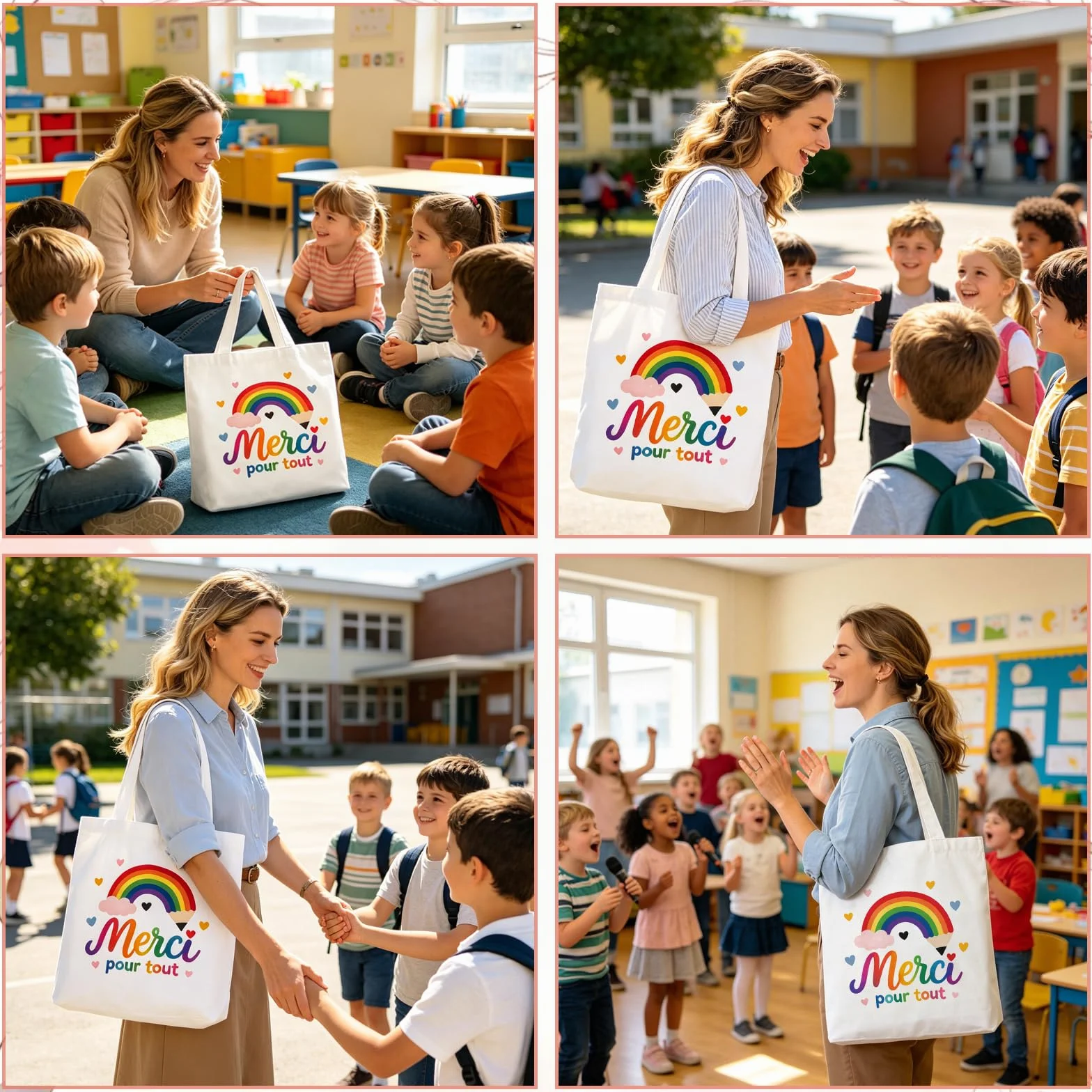 Cadeau Maitresse d'École Tote Bag Merci Porte-Clés Arc-En-Ciel Stylo Rose Tissu Résistant Design Coloré