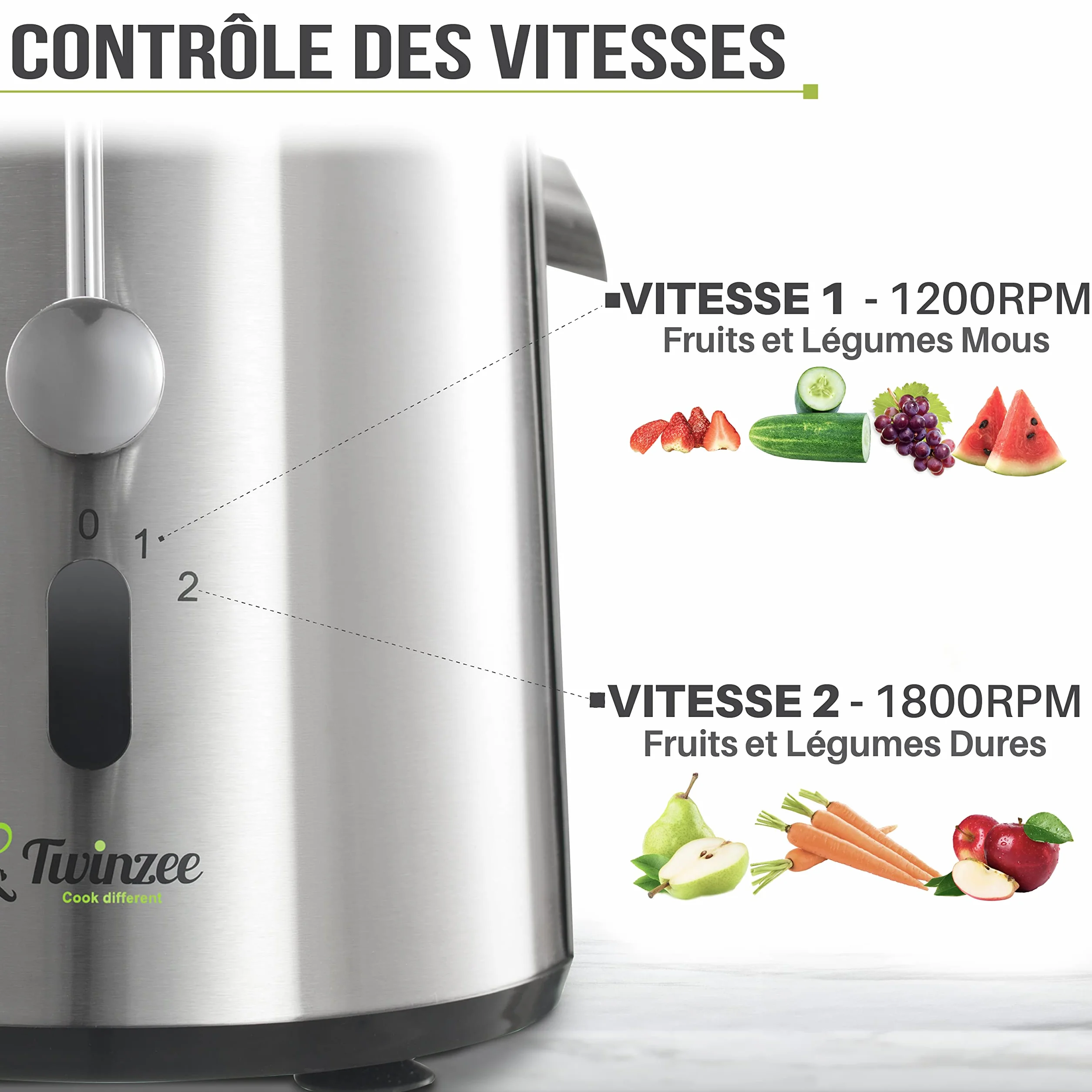 Twinzee Centrifugeuse Extracteur de Jus 850W, Large Bouche 75 mm - Fruits et Legumes