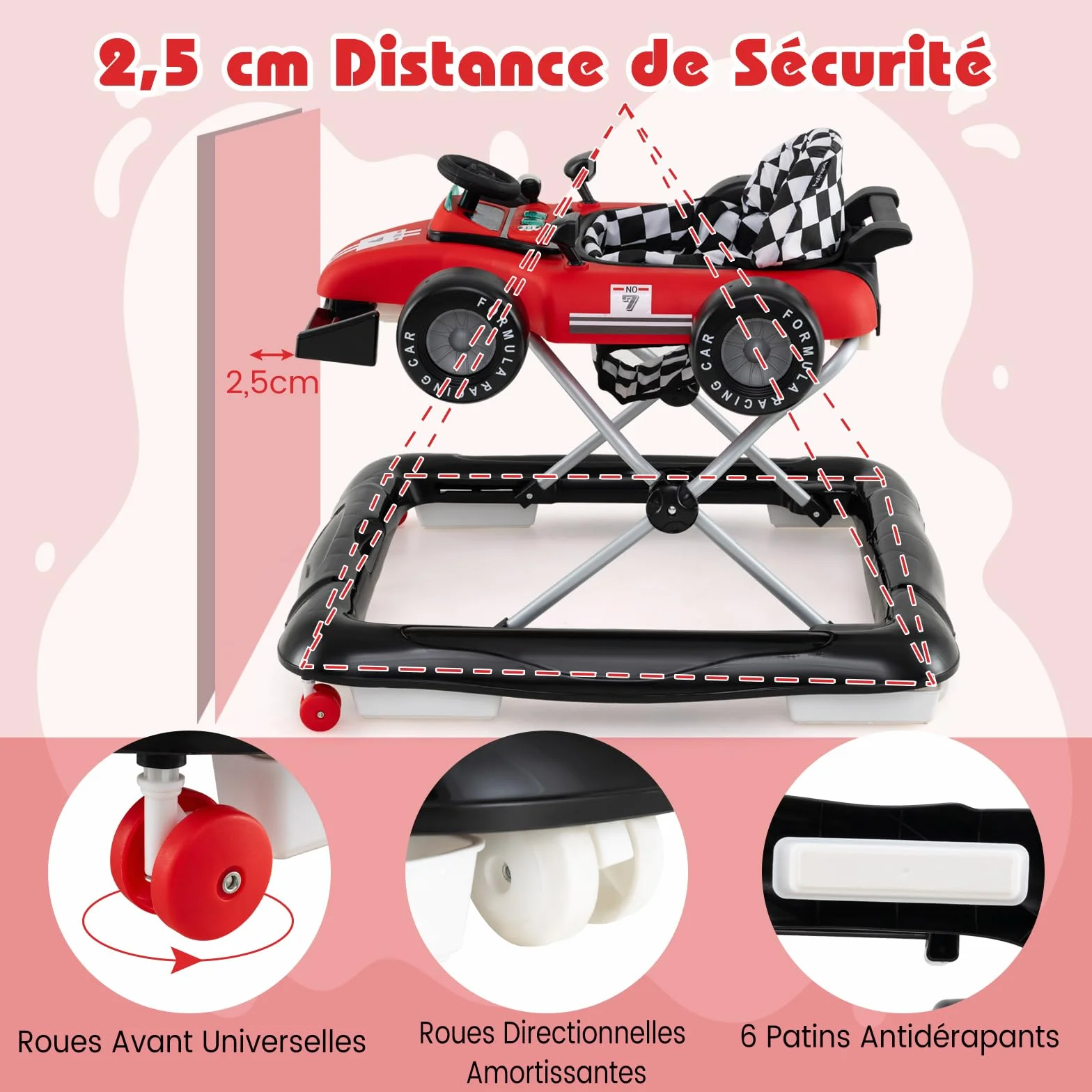 COSTWAY Trotteur Bébé Garçon Fille 3 Hauteur Réglable Pliable Évolutif Boîte à Musique Amovible Volant Roues Silencieuses Charge 12kg 6-18 Mois