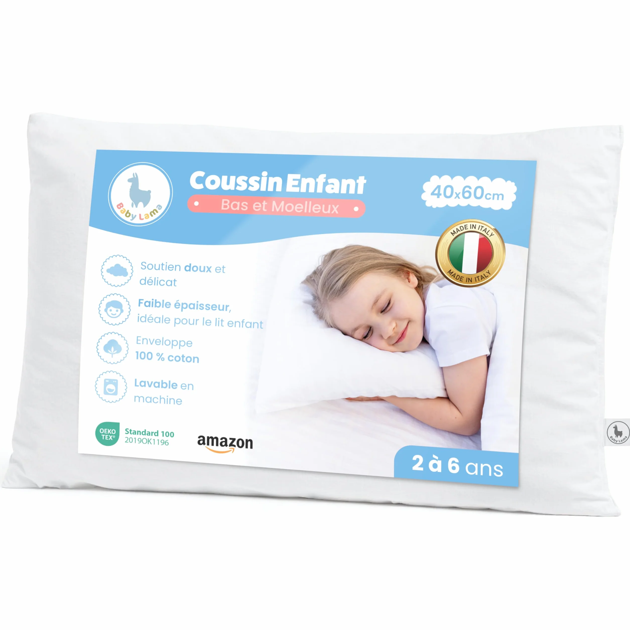 Oreiller Enfant 40x60 cm 100% Coton Oeko-Tex Hypoallergénique Anti-Étouffement Lavable Fabriqué en Italie