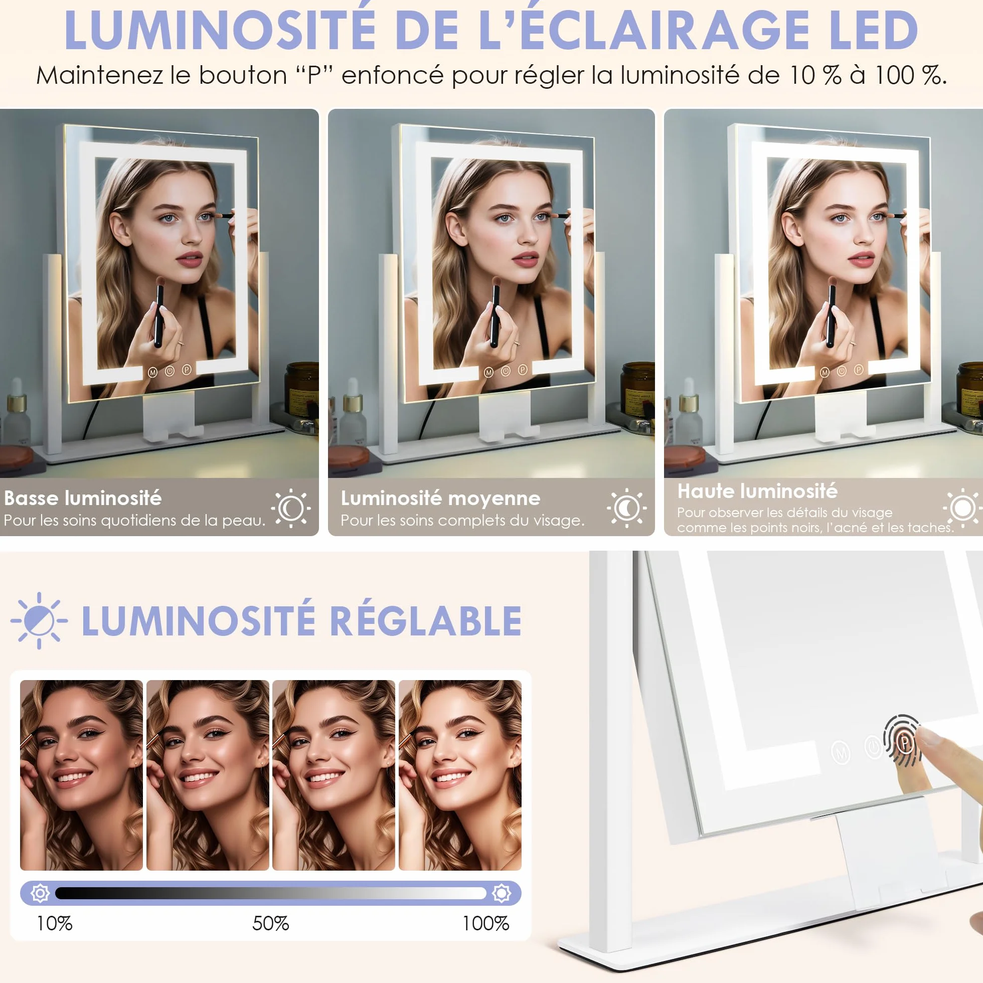 LuxeVue Miroir de Maquillage avec lumières 30x36 cm, 3 Modes d'éclairage Tactile, Grossissant 15X, Cadre en Métal