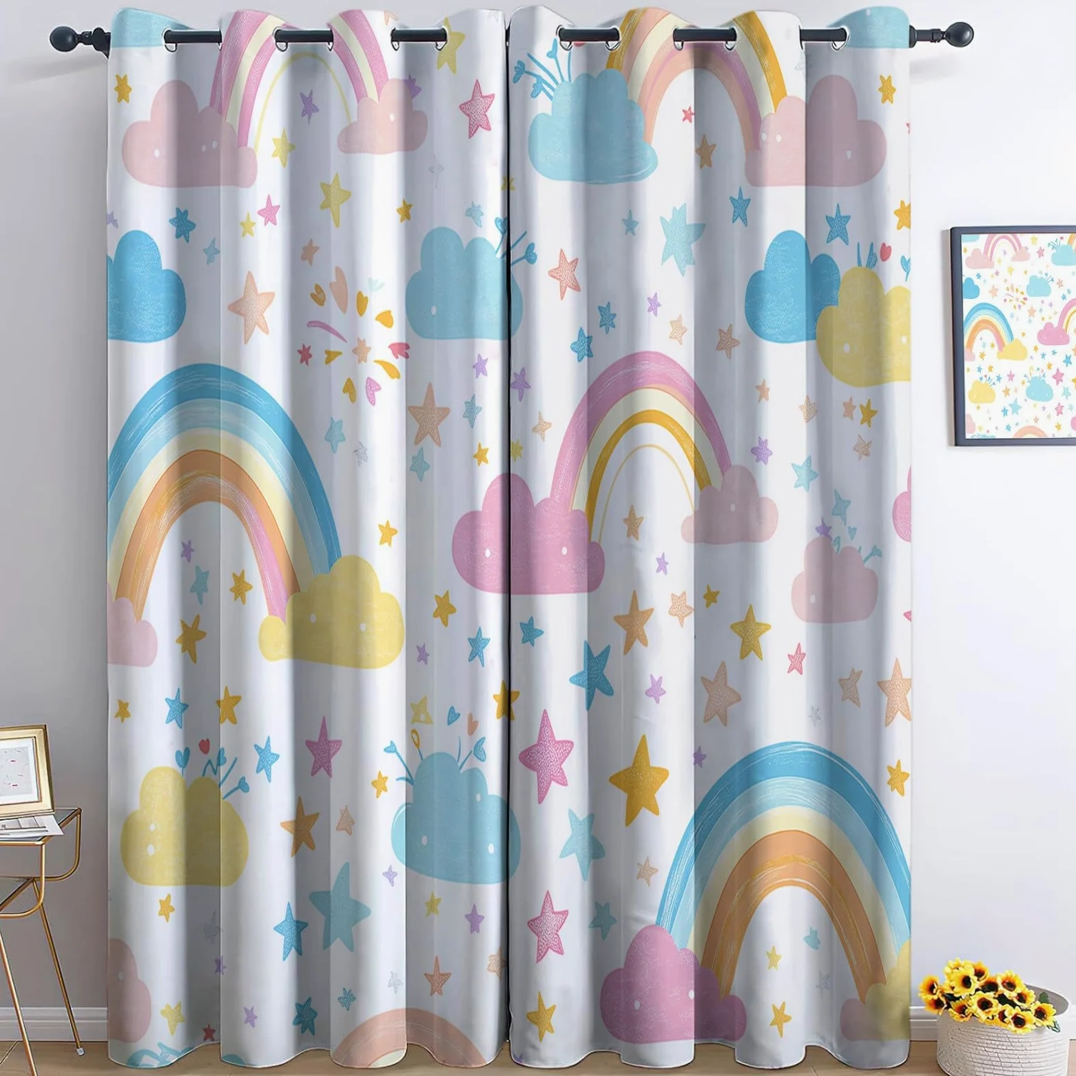 Arc en Ciel Nuages Étoiles Rideau Occultant, Blanc Rideau Thermique Isolant Tenture Opaque à Oeillets Draperies IntéRieurs pour Chambre Salon Décoration 2 Panneaux 92L x 214H cm