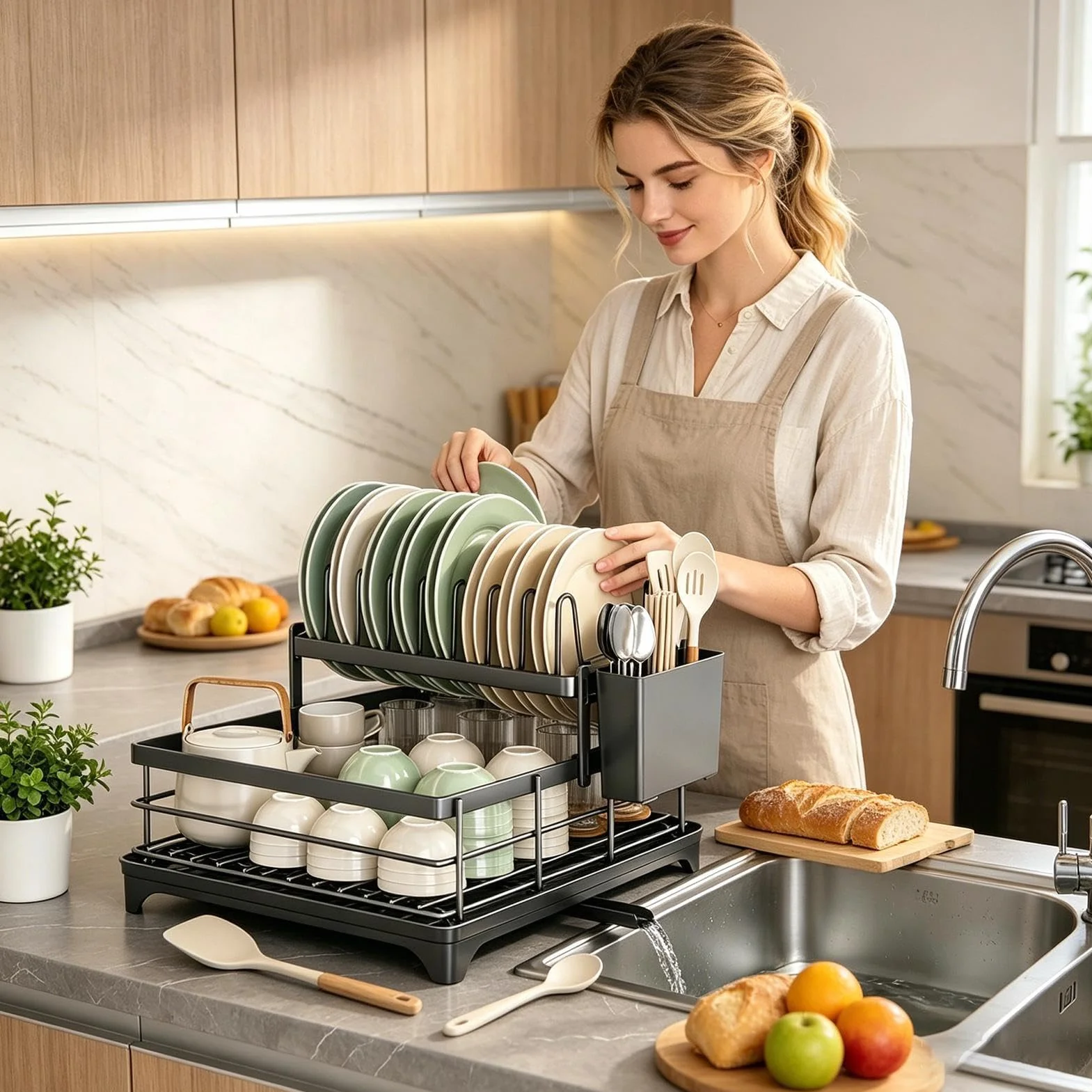 Égouttoir à Vaisselle de Cuisine Porte-Ustensiles 2 Niveaux Antirouille | Range-Assiettes Robuste Pour Cuisine, Maison, Restaurant, Camping-car, Appartement, Hôtel, Camping, Pique-nique