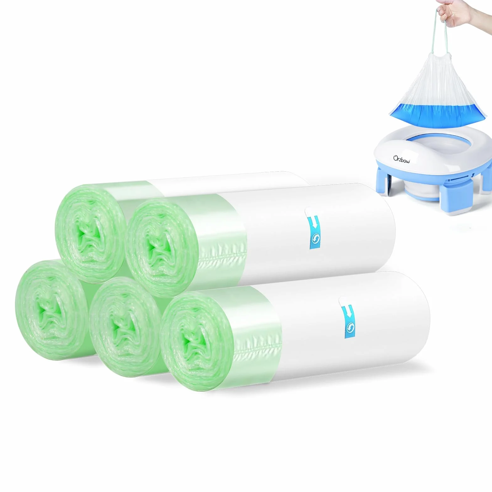 Sacs de Voyage Portables pour Pot Bebe Toilette, Sacs Nettoyage Jetables avec Cordon de Serrage, 100 Pièces (5 Rouleaux)