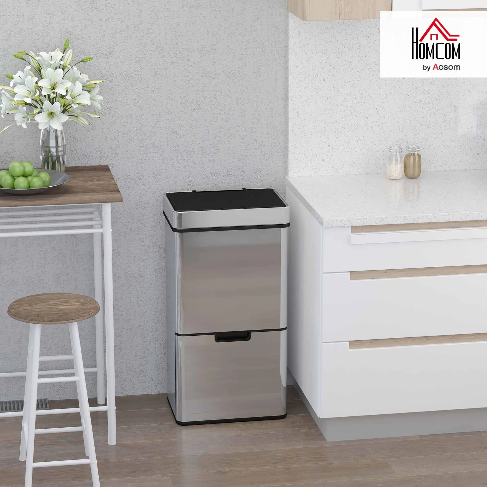 HOMCOM Poubelle de cuisine automatique Tri Sélectif 72L 3 compartiments acier inox 42 x 30 x 81 cm