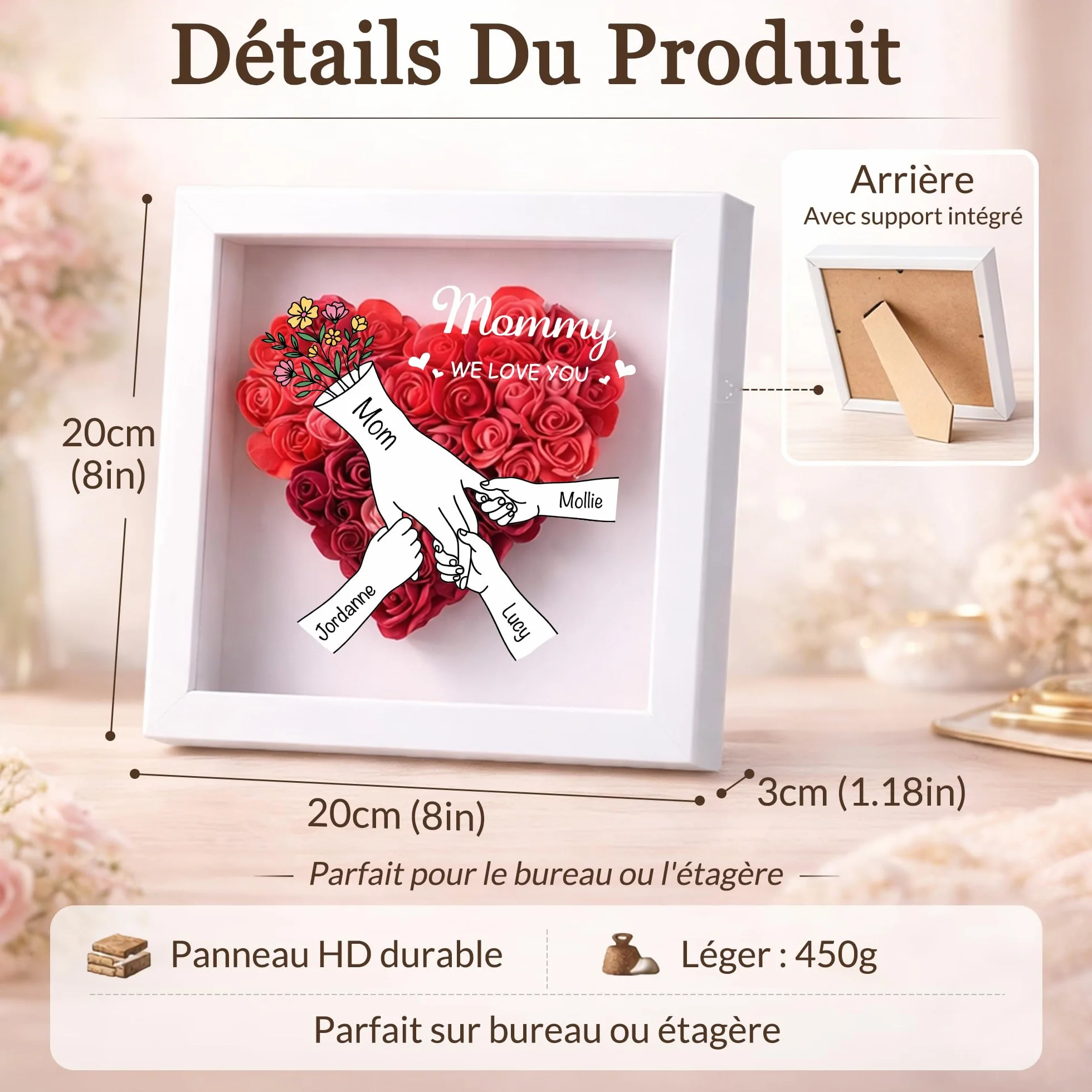 BEXOA Boîte à Fleurs Cœur Personnalisé Cadeau Fête des Mères avec 2-6 Prénoms