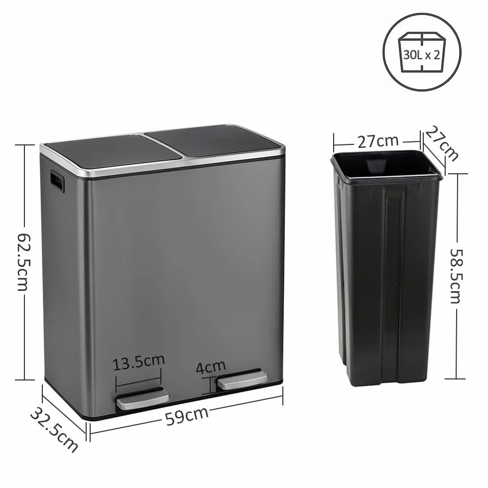 Panana Poubelle à Double Compartiment 60L 2x30L Pédales Métal Sacs Poubelles Gris
