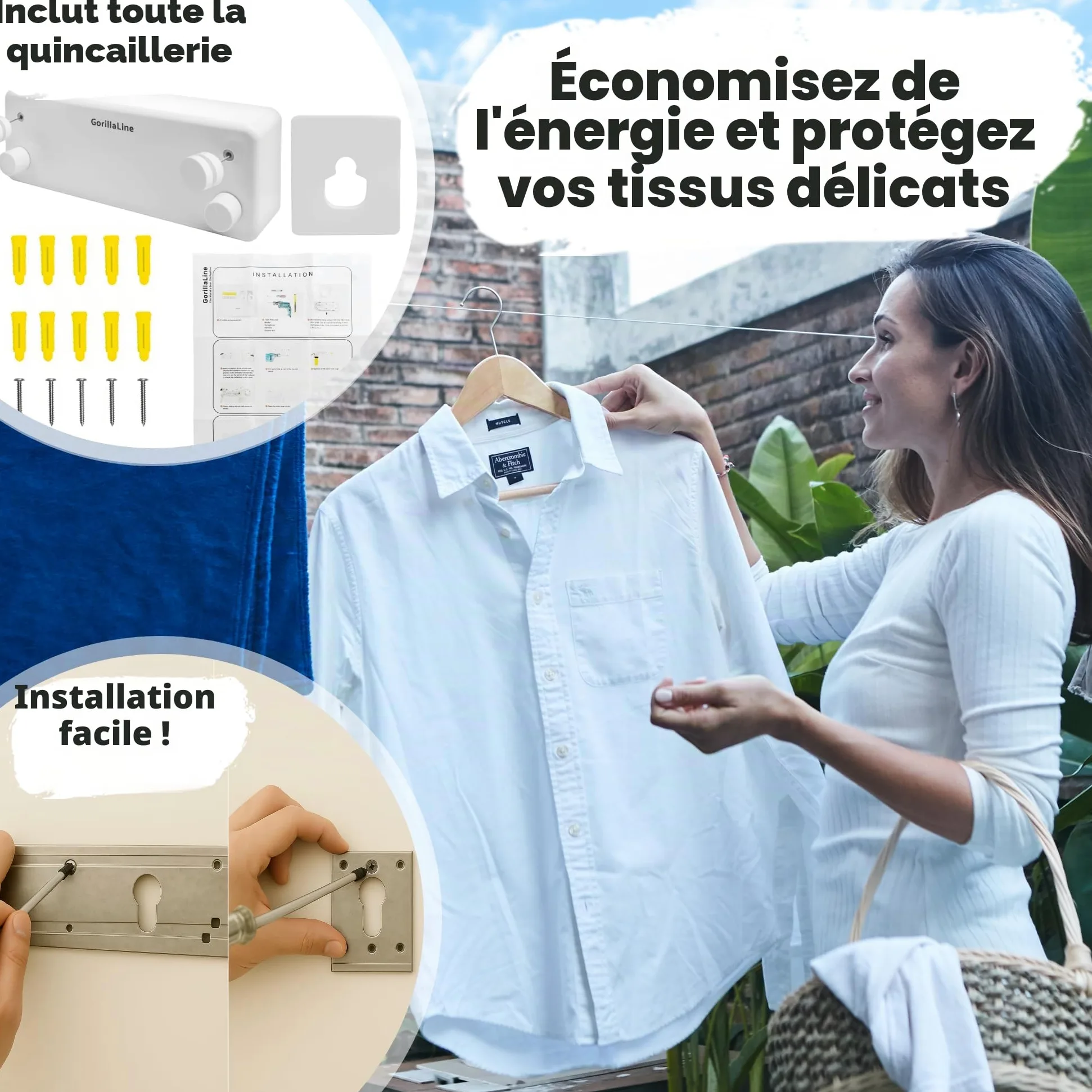 GorillaLine Corde à Linge rétractable pour intérieur et extérieur – Corde à Linge Robuste – Séchoir Mural – Séchage à l'air Libre