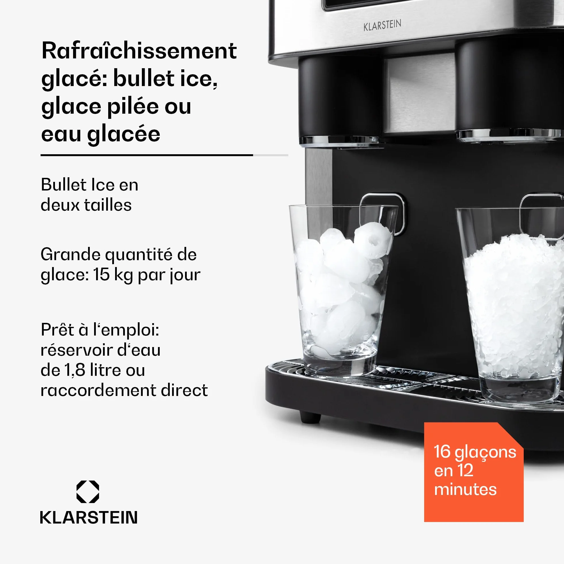 Klarstein Machine à Glaçons 1.8L, 15kg/24h, Ice Maker avec Alarme