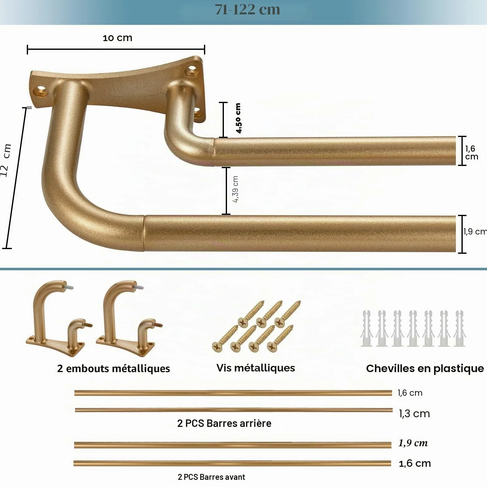 Tringles à rideaux doubles en or antique, enveloppantes pour fenêtres de 71-122 cm, occultantes, tringles à rideaux télescopiques doubles occultantes de 1,9 cm à l'avant et de 1,6 cm à l'arrière