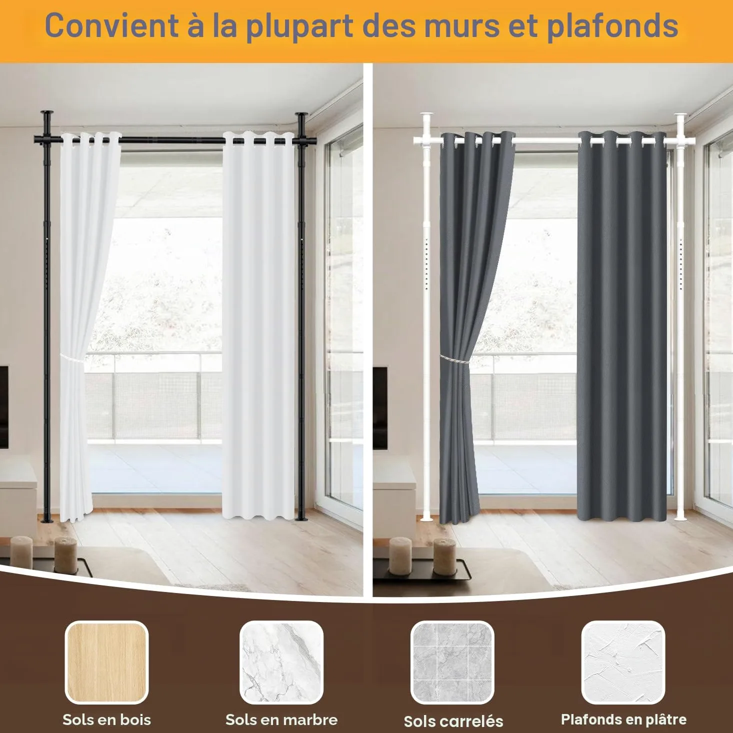 Séparateur de pièce sans perçage, tringle de rideau réglable comme structure de paravent, séparateur d'espace autonome sans rideau, L 70-177 cm x H 122-305 cm, protection des regards pour salon