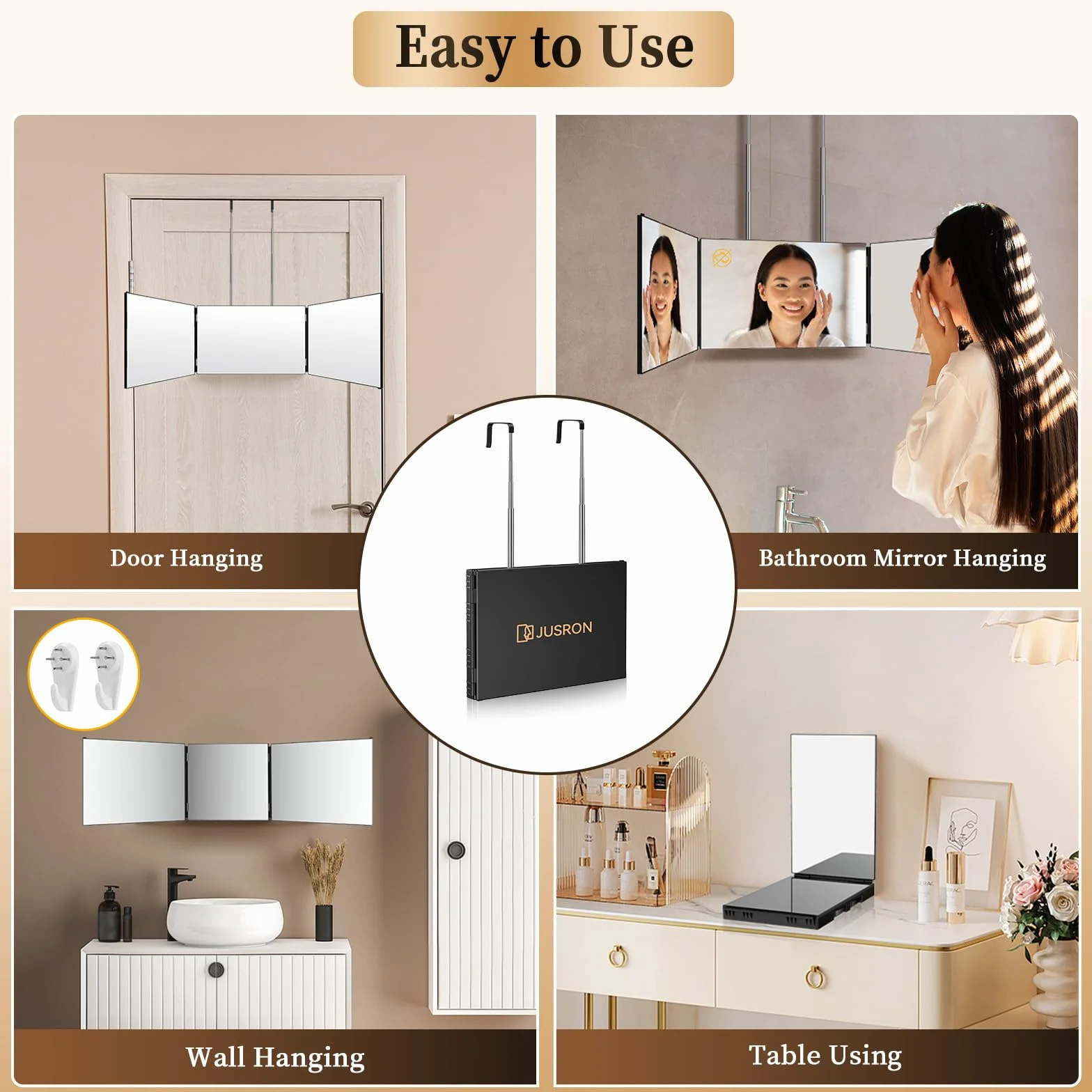 Miroir Coiffure 360° 3 Faces Barbier Réglable Pliable Portable