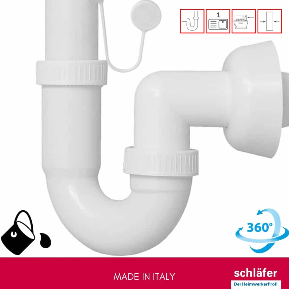 Siphon universel 1"1/2 pour éviers, sortie 40 mm, set siphon en S plastique, autonettoyant avec fixation lave-vaisselle