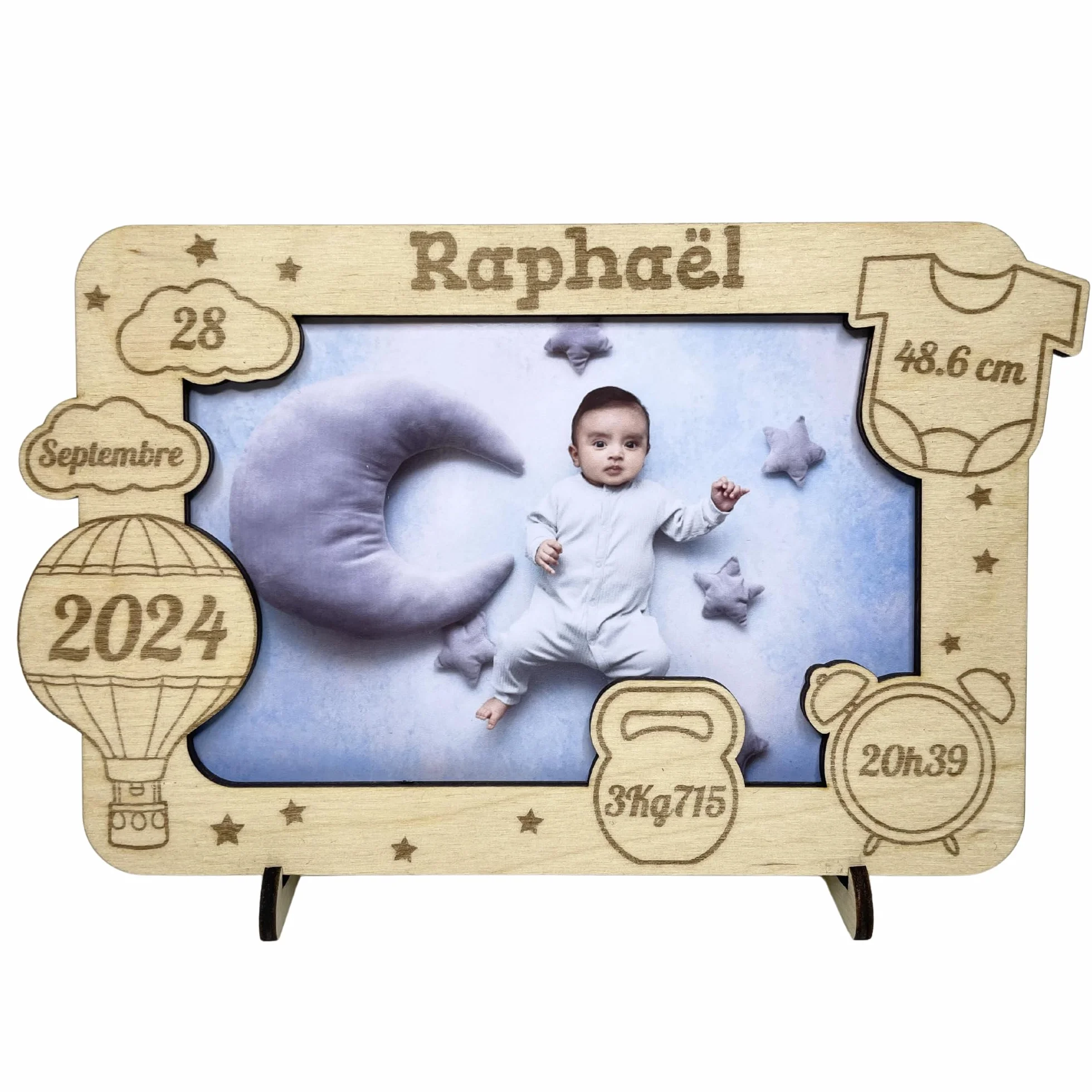 Cadre Photo Naissance Bois Personnalisable Montgolfière - Souvenir Bébé - Décoration Chambre Bébé