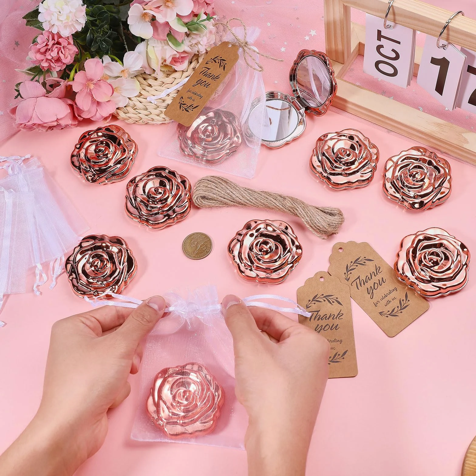 FREEBLOSS Lot de 50 Miroirs de Poche Rose Compact 3D avec Cartes et Pochettes Organza pour Mariage Anniversaire Fête Prénatale Voyage 2.5"