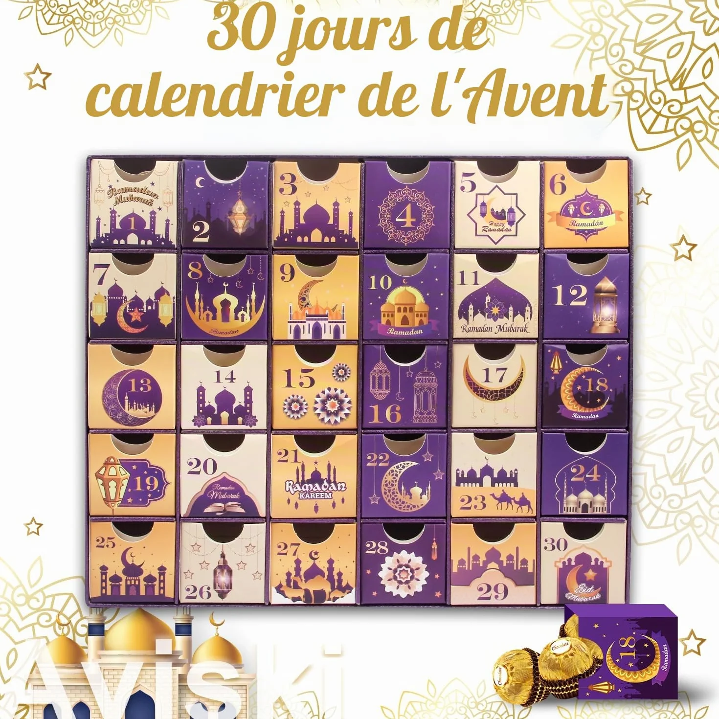 Calendrier de l'avent Ramadan 30 boîtes vides Compte à rebours Eid Mubarak Violet