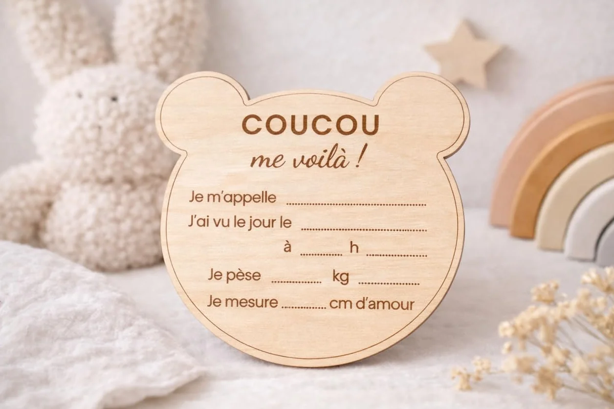 Carte bienvenue annonce naissance prénom bébé en bois - Disque prénom bébé date heure poids taille - Pancarte photo nouveau-né souvenir maternité