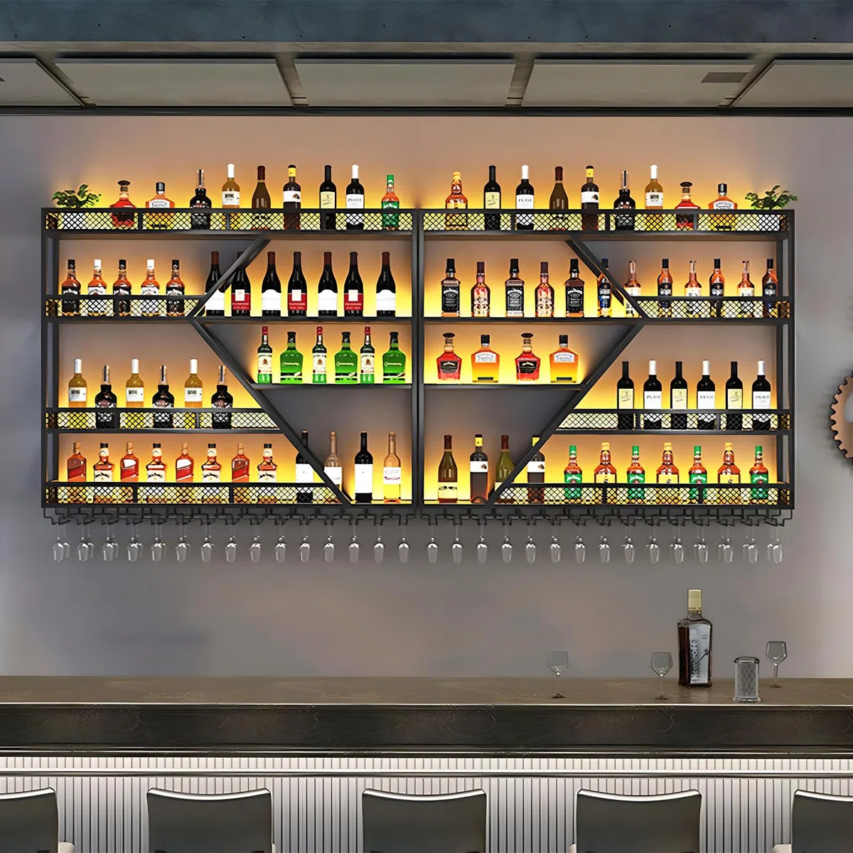 Étagère à vin murale moderne à 4 niveaux - Noir - Étagère de rangement pour bouteilles de vin - Design élégant - Économie d'espace - 240 x 20 x 123 cm