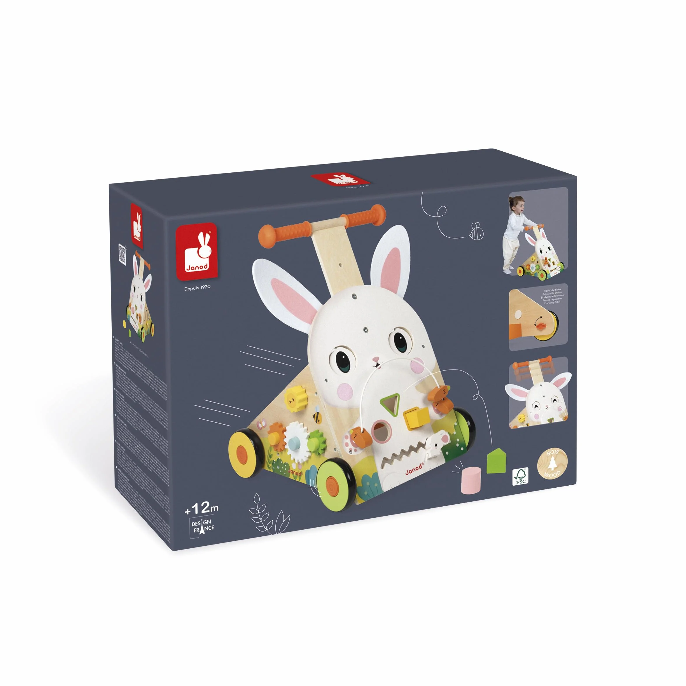 Janod Chariot Multi-Activités Ferme en Bois à Pousser 9 Activités Système Frein Breveté Roues Silencieuses Jouet Eveil Enfants Dès 12 Mois