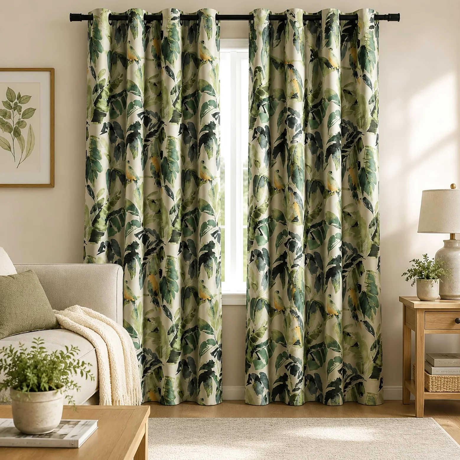 Leeva Lot de 2 Rideaux occultants Lourds pour Porte coulissante, Isolation Thermique, Motif Feuilles Vertes, Ara, décoration de fenêtre pour Chambre à Coucher, 132,1 x 213,4 cm