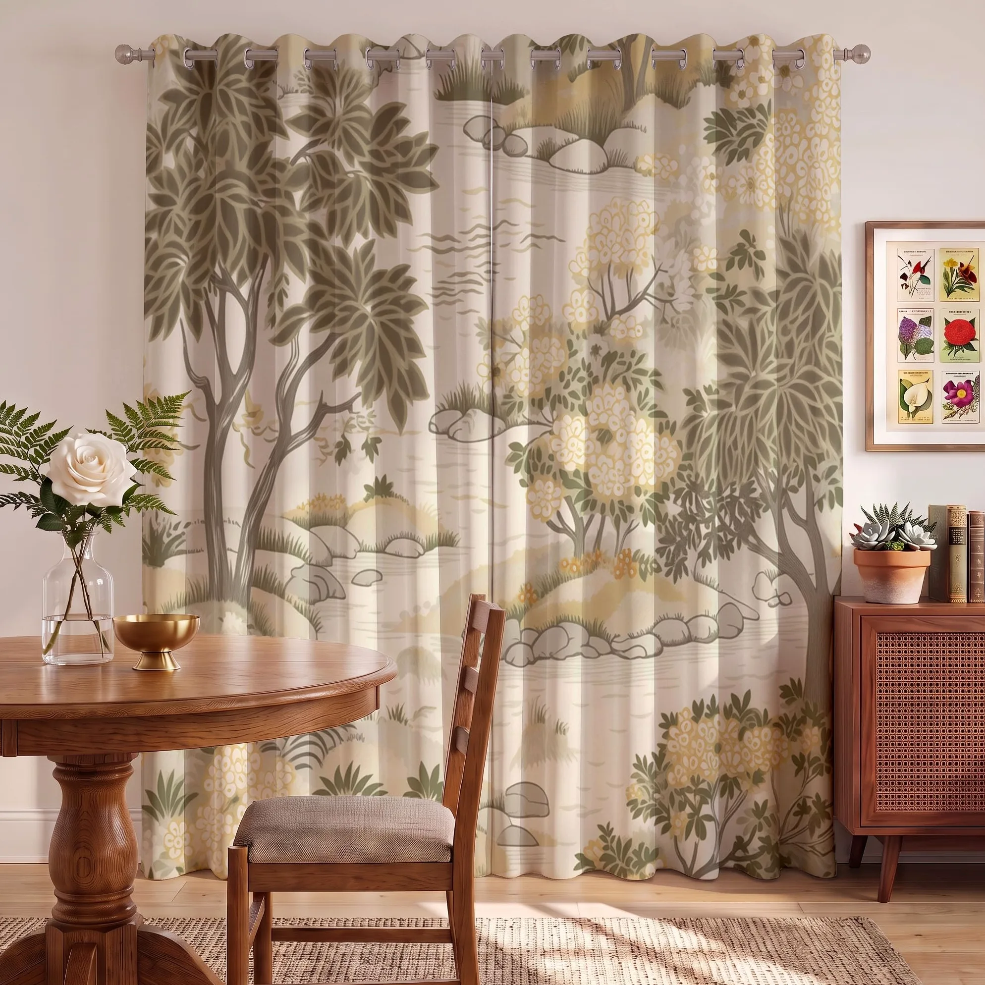 Rideau Occultants Paysage De Jardin Japonais Beige 140X160 Cm (Lxh) | Rideau Opaque Thermiques Plantes Élégantes Rivières Pour Chambre D'Enfant, Lot De 2 Draperies Intérieurs À Oeillets