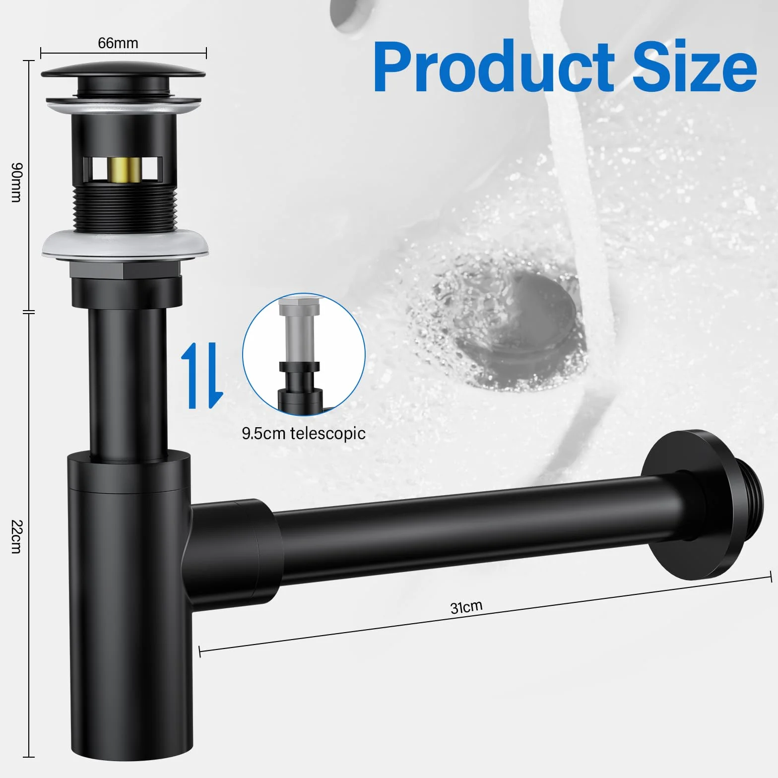 Siphon Noir Rétro avec Bonde Trop-plein 1 1/4 Laiton Universel Anti-Odeur Kit Vidange évier cuisine salle de bain