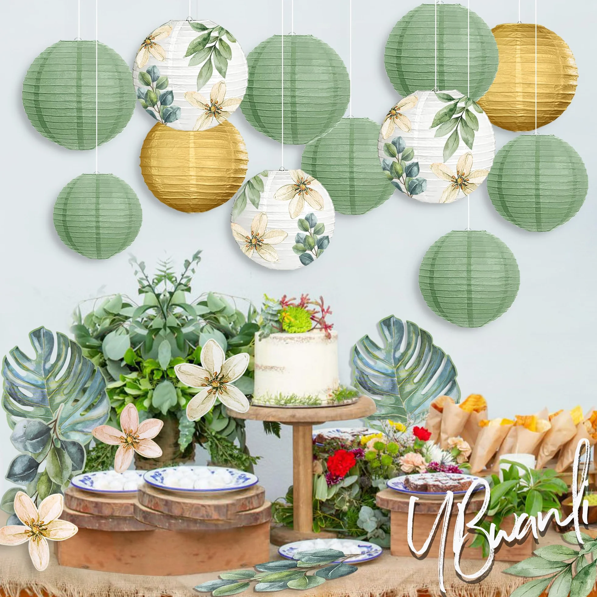 Lot de 13 lanternes en papier pour décoration de jardin, eucalyptus, communion, baby shower