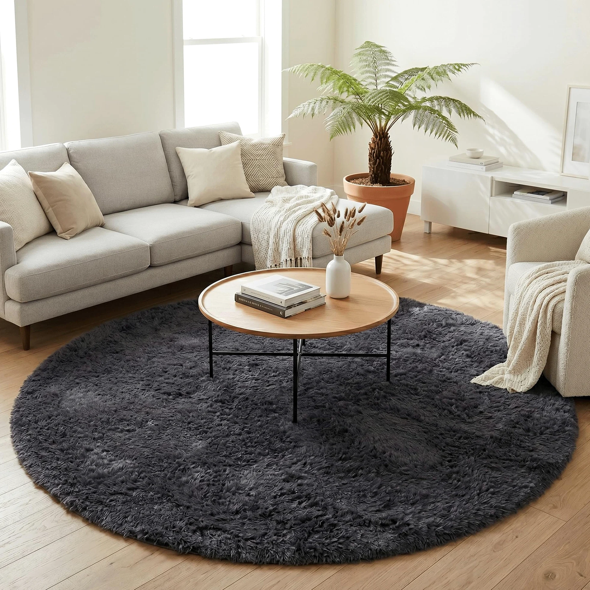Pergamon Tapis Shaggy Fluffy Rond Anthracite – Tapis à Poils Longs Extra Doux, Tapis de Salon Moderne, Moelleux et Facile d’Entretien