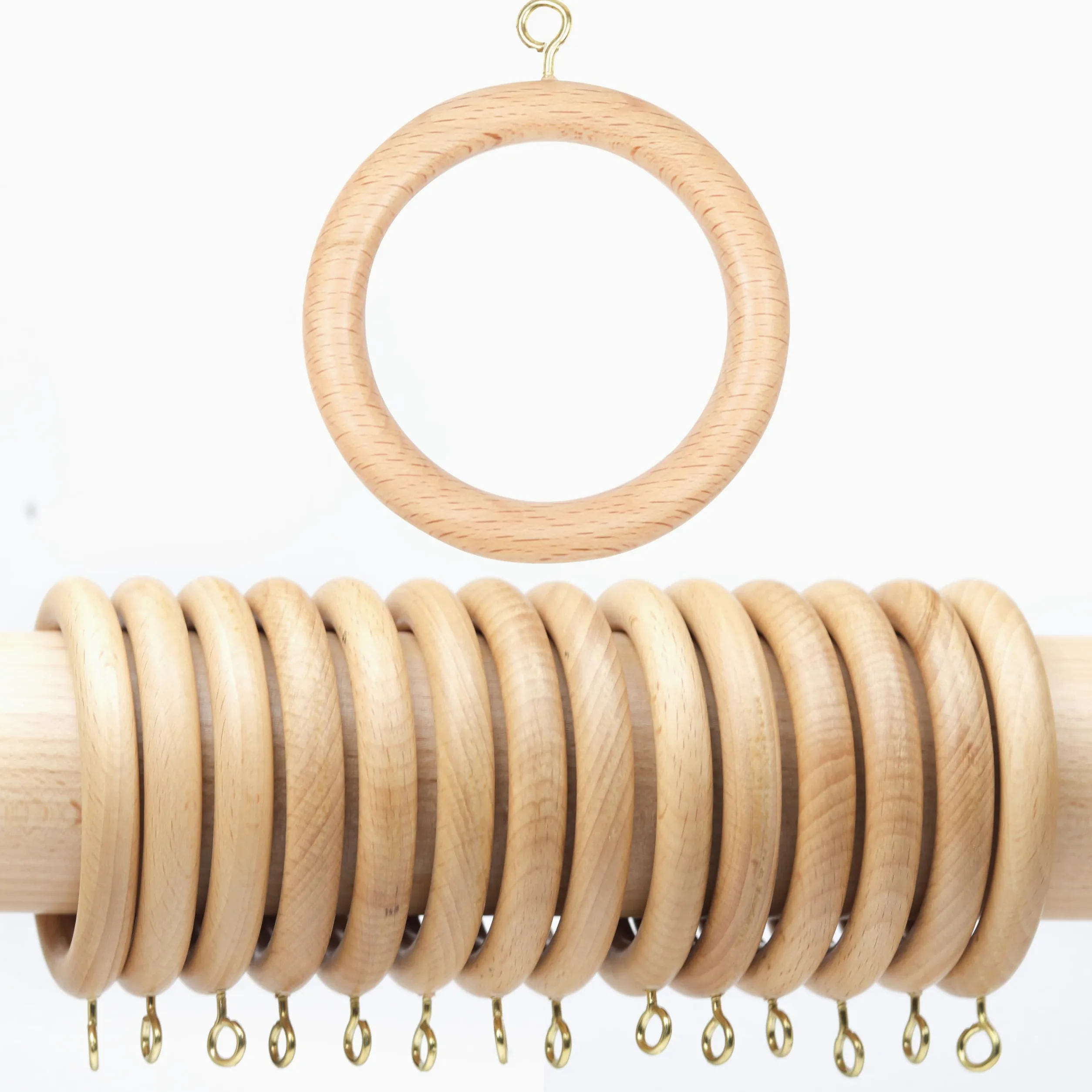 Lot de 50 Anneaux de Tringle à Rideaux en Bois de 6,3 cm pour Tringle à Rideaux de 3,8 cm, diamètre intérieur de 4,4 cm, Bois de hêtre Naturel (127,2 cm, diamètre intérieur de 4,4 cm)