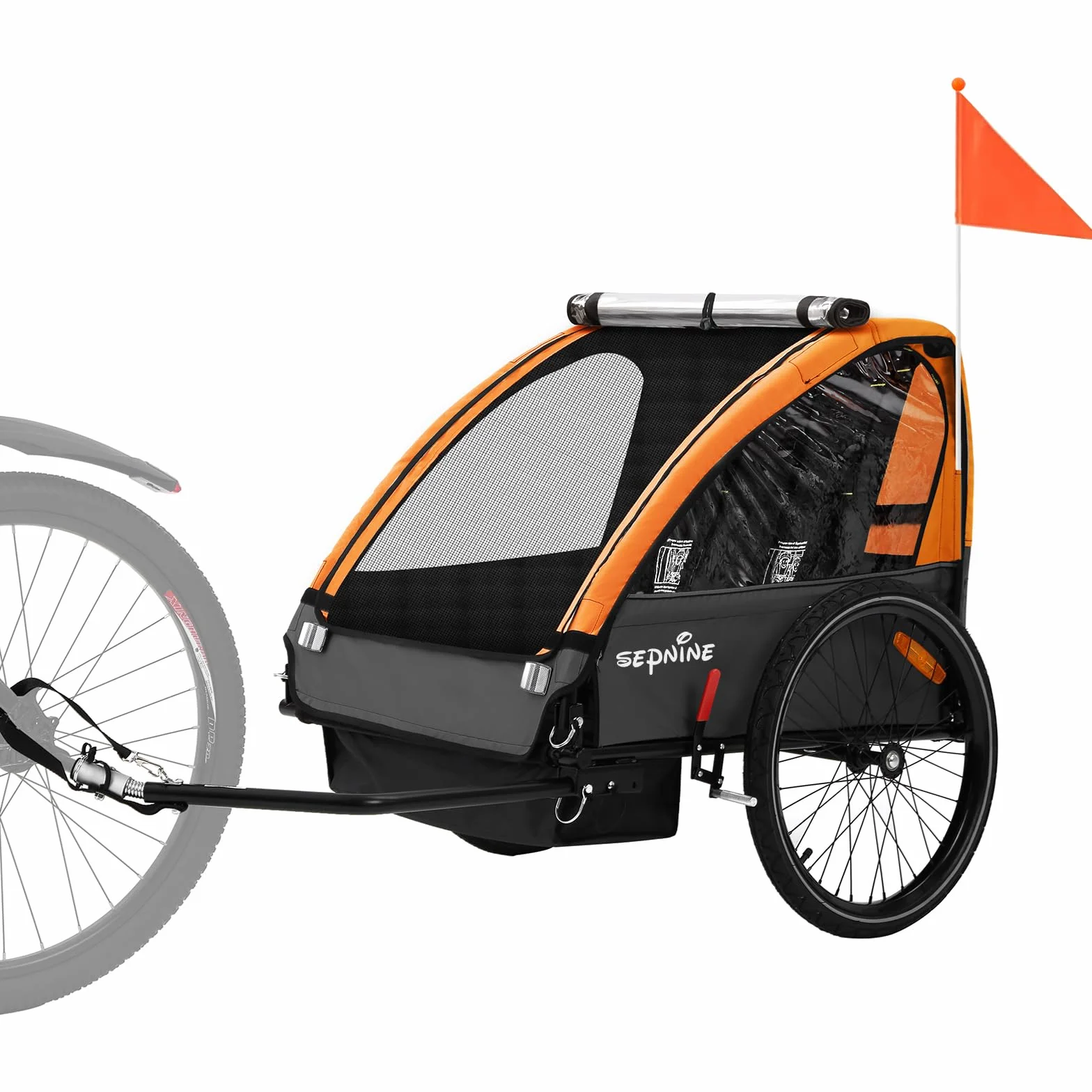 SEPNINE Remorque Vélo Enfant Biplace Tout-Terrain Pliable avec Frein à Main Orange