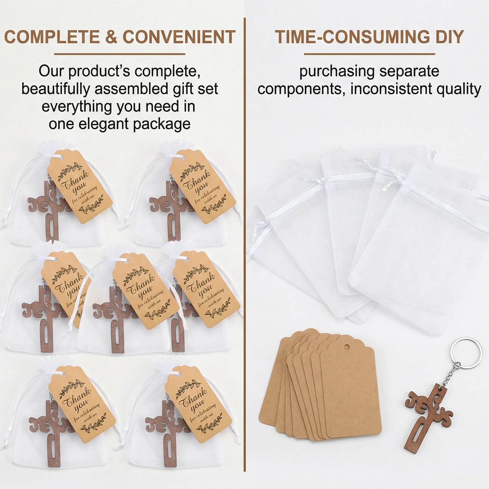 YUZNA 12 sacs + 12 cartes + 12 porte-clés croix Etiquette Baptême Motif Cadeau Invité Décoration pour Baptême avec Ruban